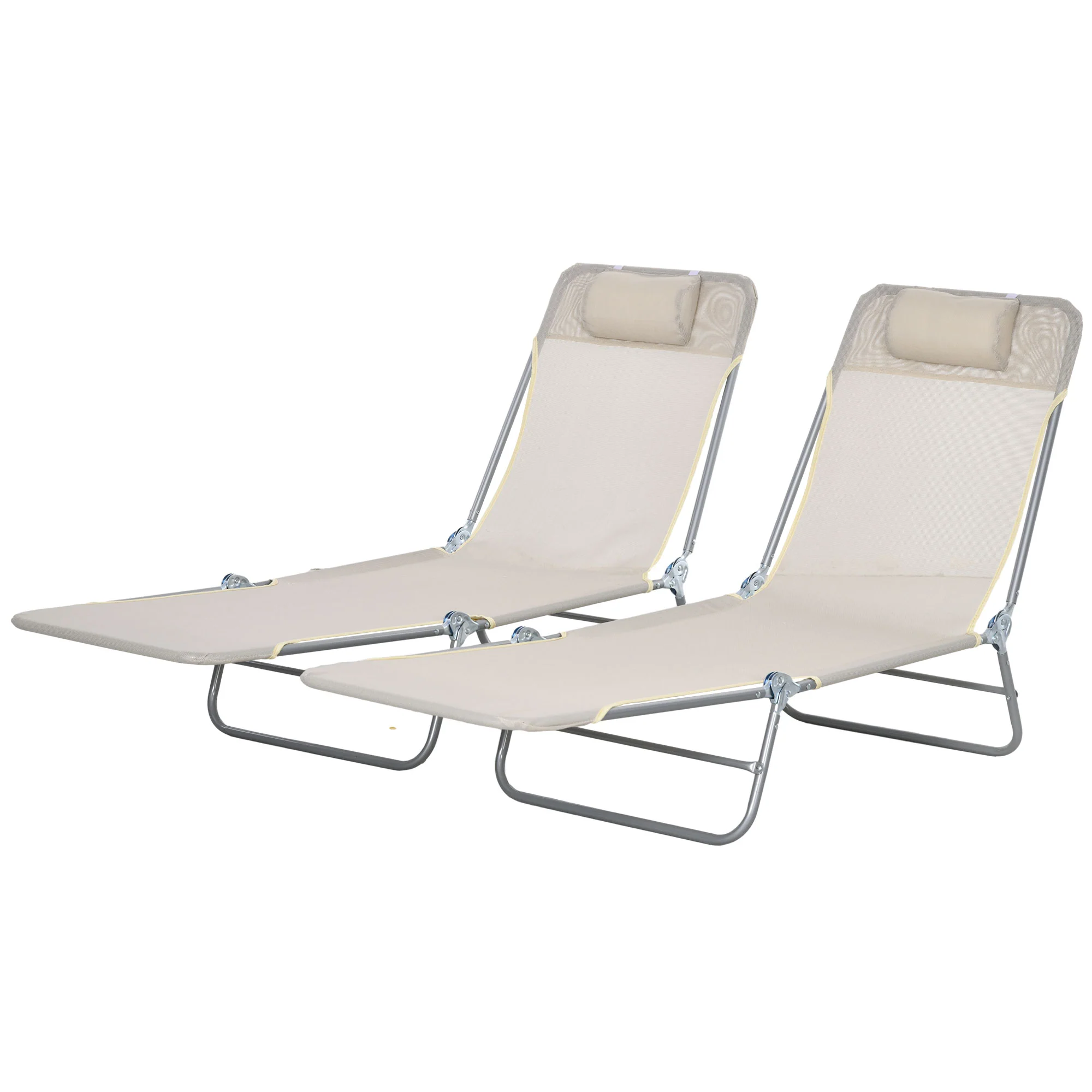 2-Piece Folding Sun Loungers with Reclining Back, Breathable Mesh & Headrest, Cream White - Image 2