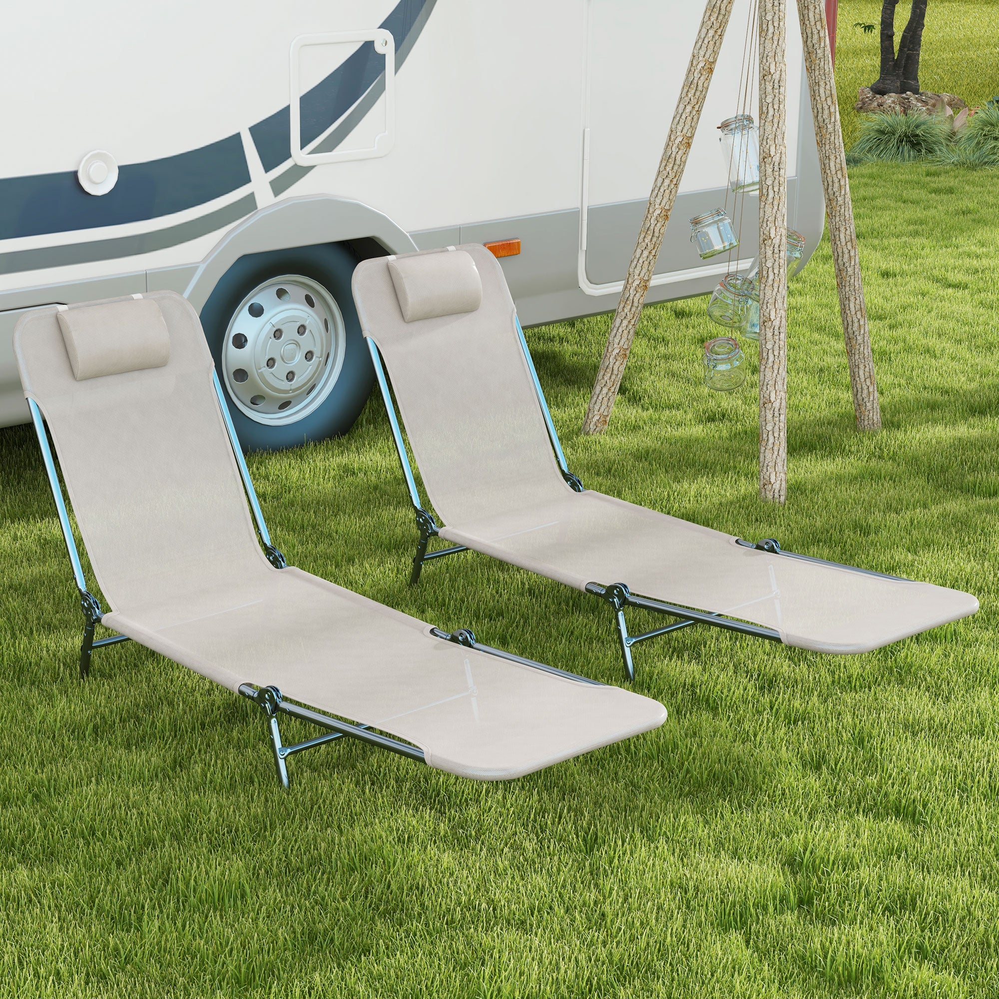 2-Piece Folding Sun Loungers with Reclining Back, Breathable Mesh & Headrest, Cream White - Image 3