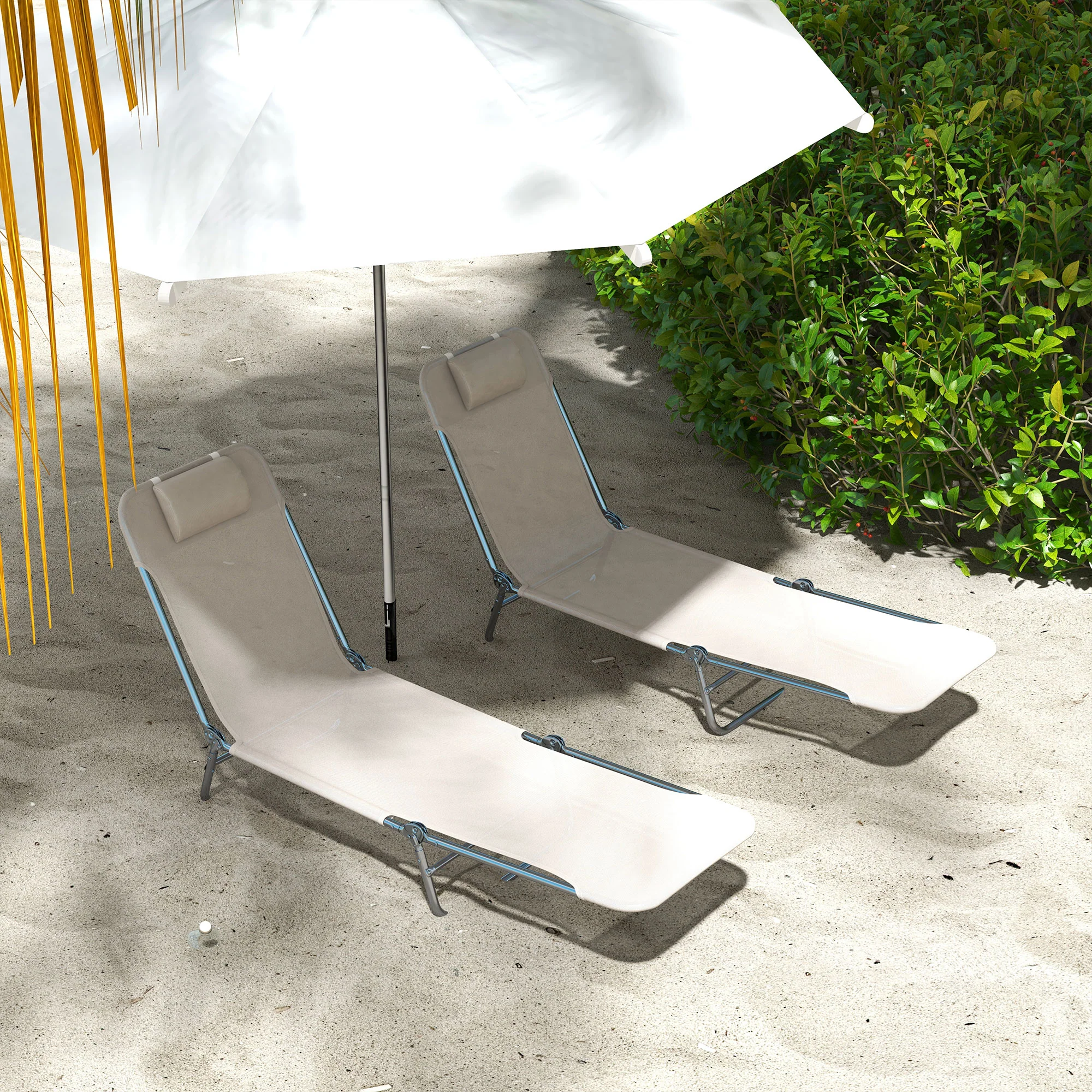 2-Piece Folding Sun Loungers with Reclining Back, Breathable Mesh & Headrest, Cream White - Image 4