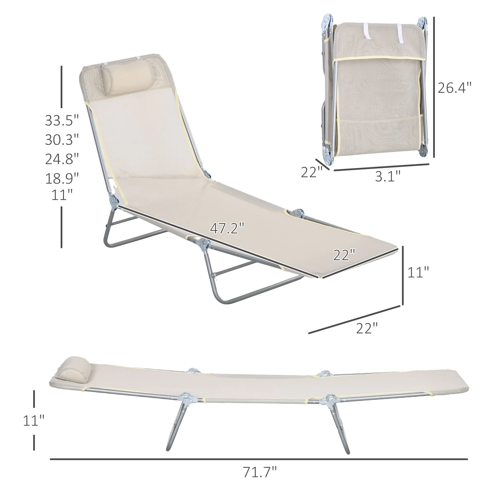 2-Piece Folding Sun Loungers with Reclining Back, Breathable Mesh & Headrest, Cream White - Image 5