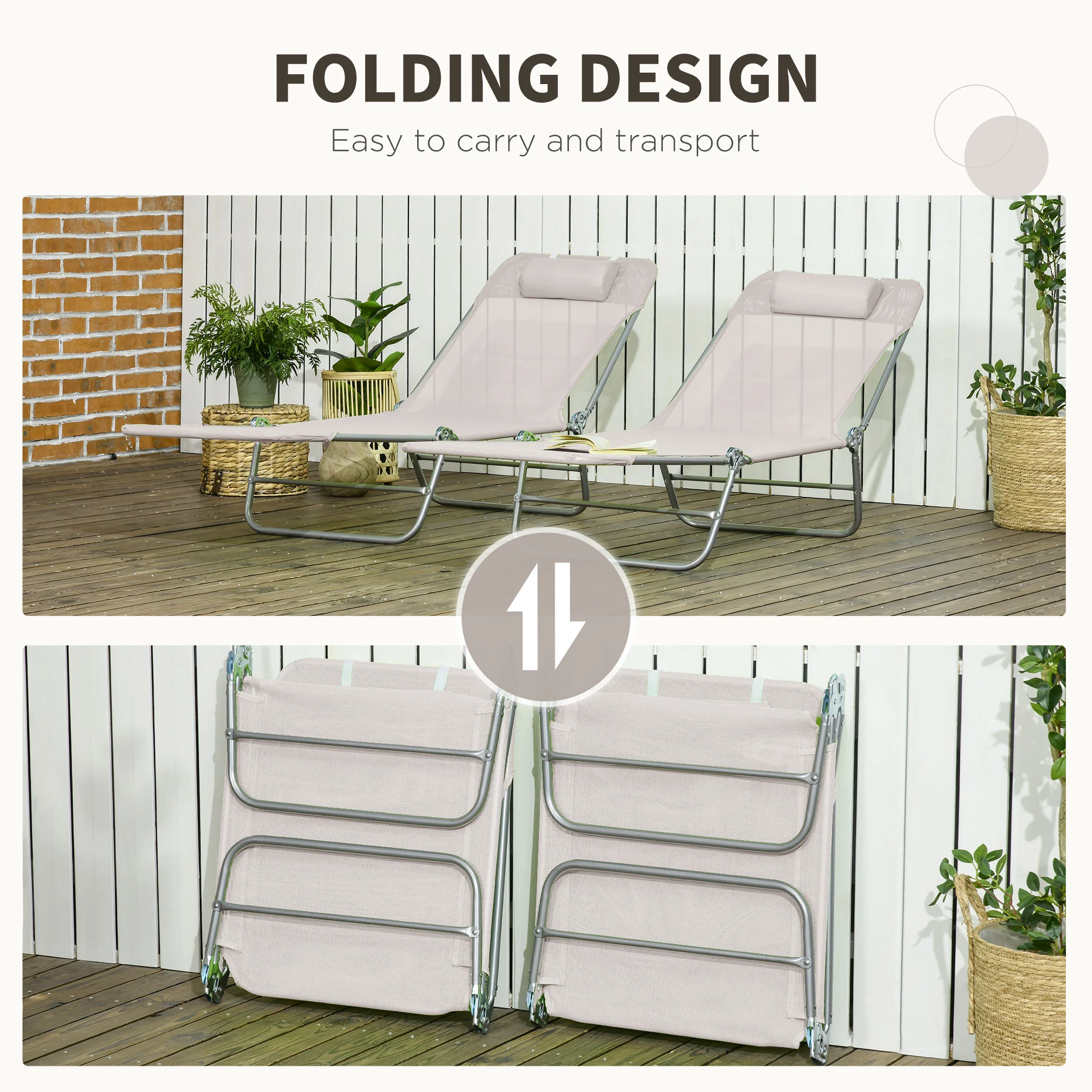 2-Piece Folding Sun Loungers with Reclining Back, Breathable Mesh & Headrest, Cream White - Image 7