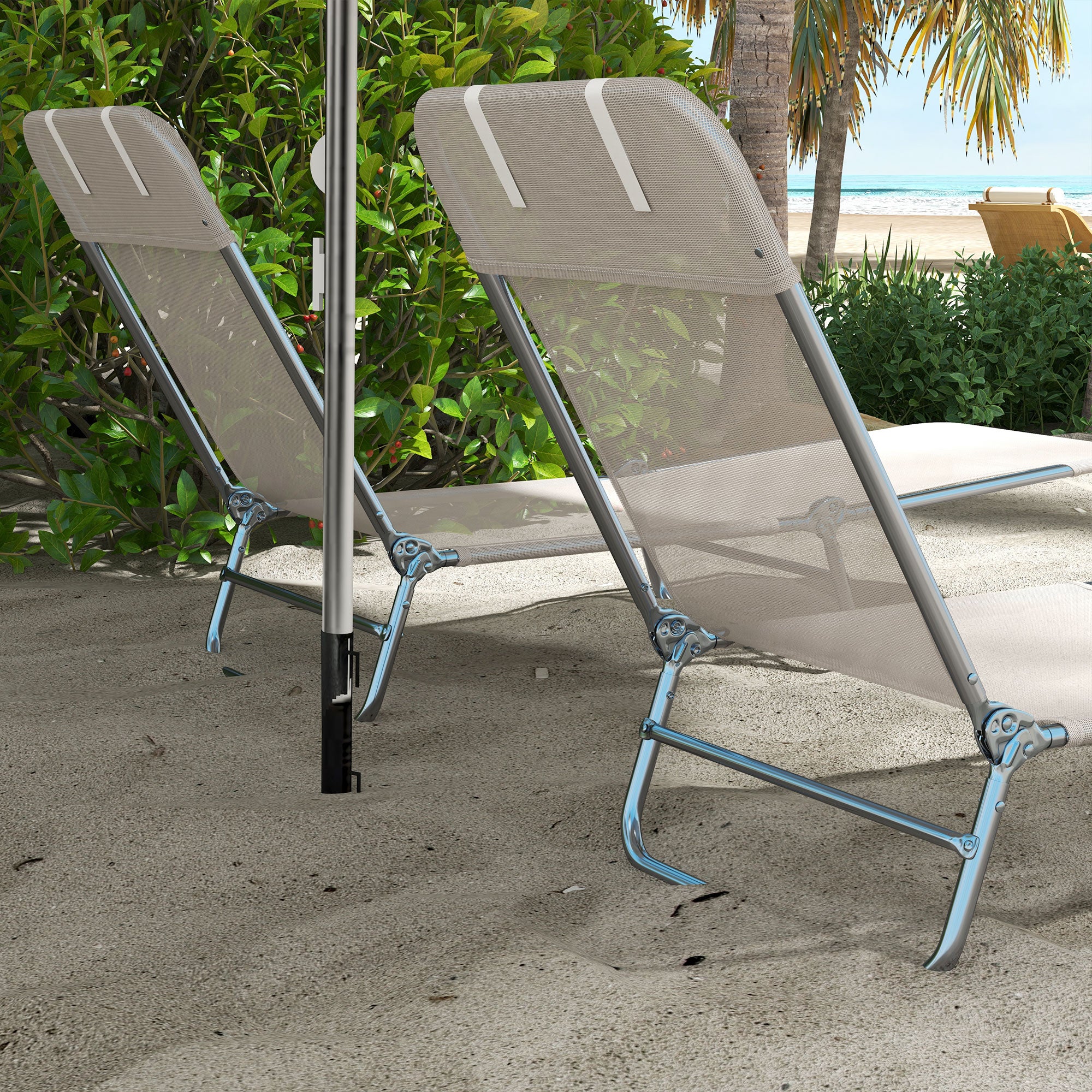 2-Piece Folding Sun Loungers with Reclining Back, Breathable Mesh & Headrest, Cream White - Image 9