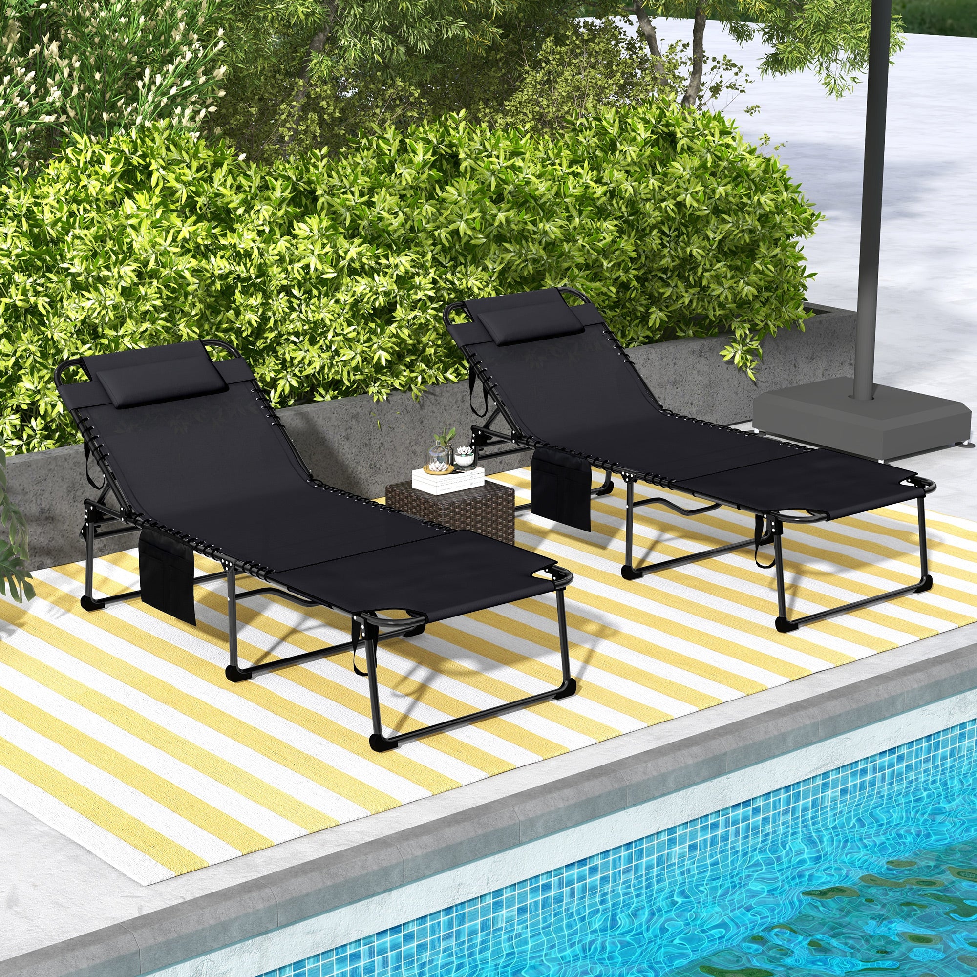 2-Piece Folding Chaise Lounge with 5-Level Reclining Back, Reading Hole & Side Pocket, Black - Image 3