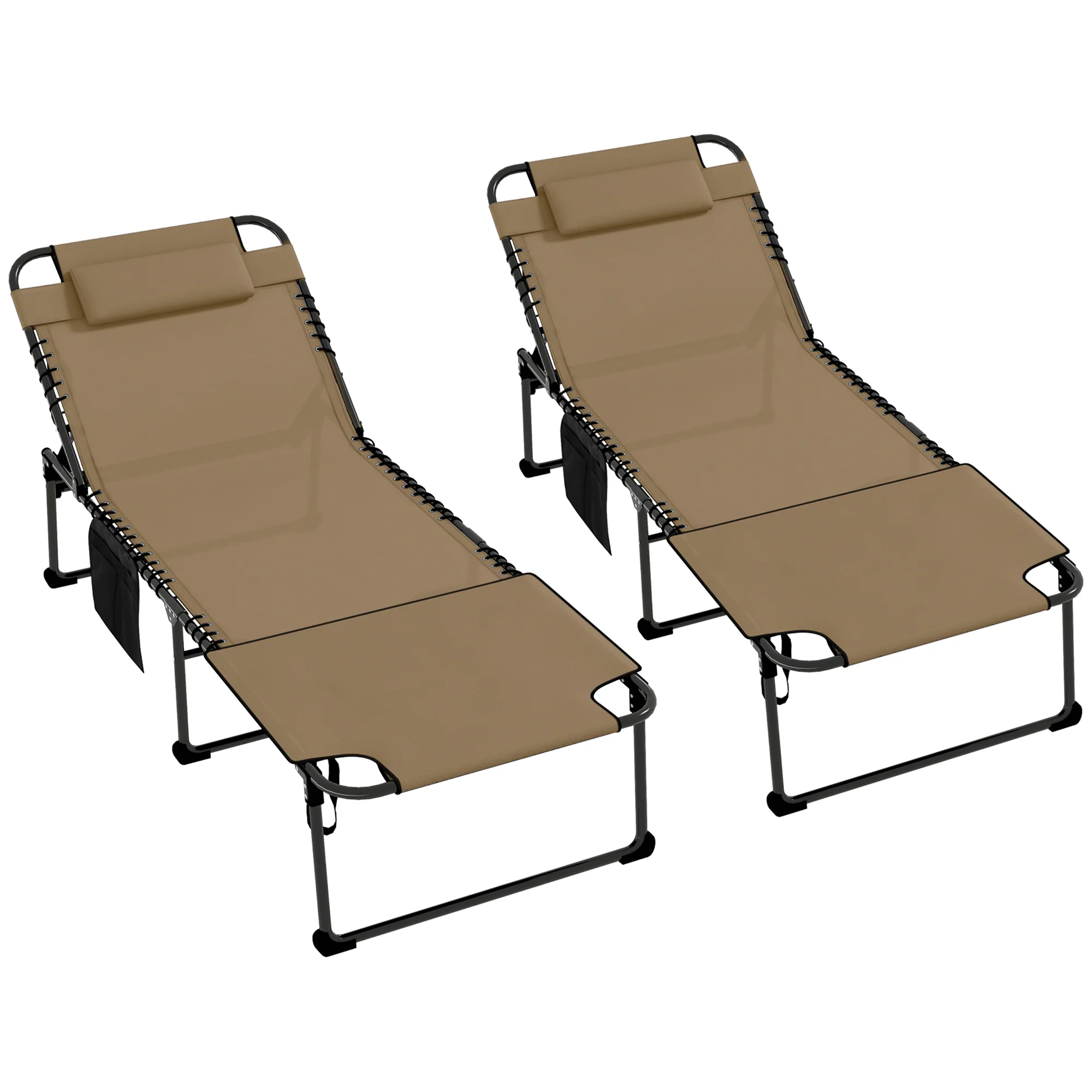 2-Piece Folding Chaise Lounge with 5-Level Reclining Back, Reading Hole & Side Pocket, Beige - Image 2