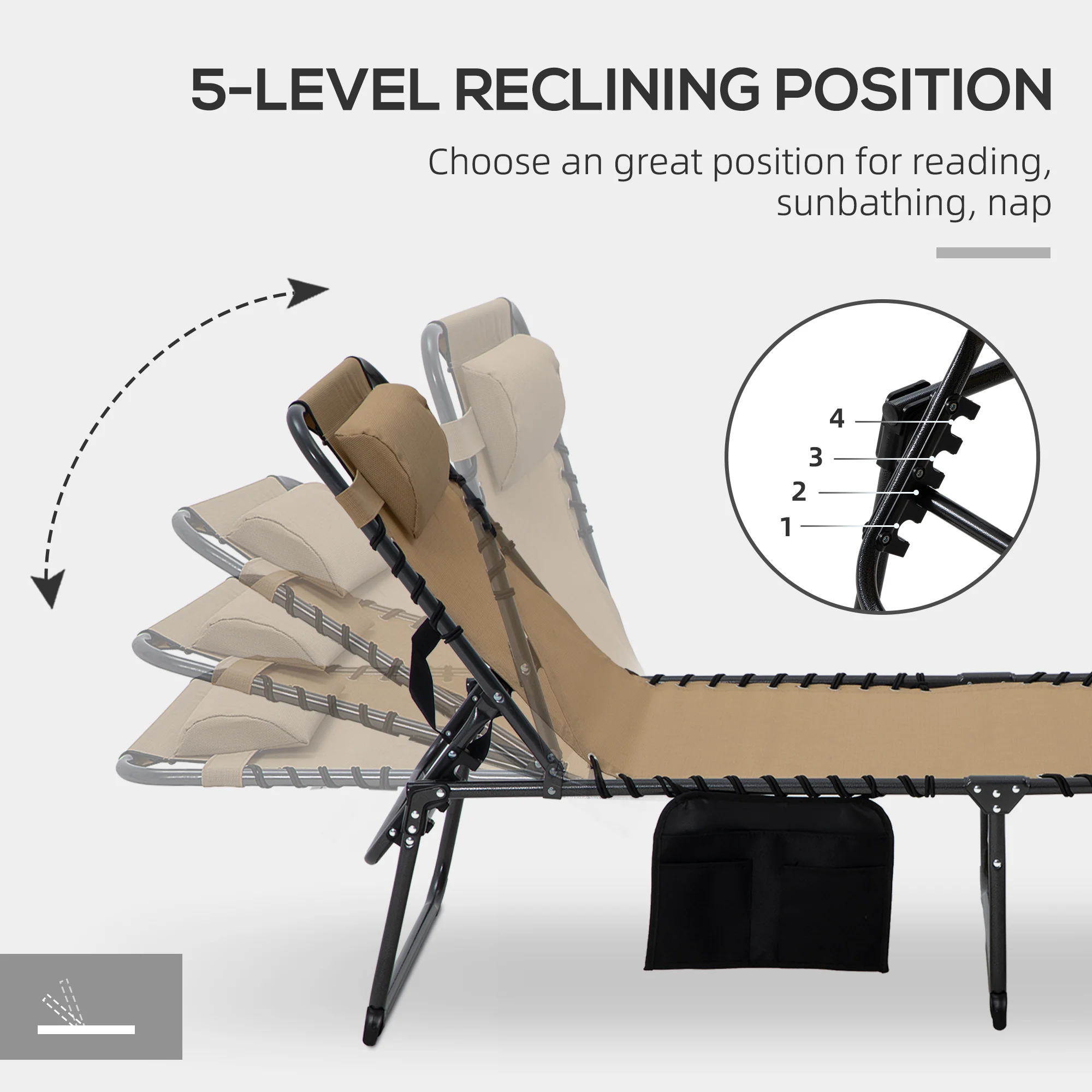 2-Piece Folding Chaise Lounge with 5-Level Reclining Back, Reading Hole & Side Pocket, Beige - Image 8