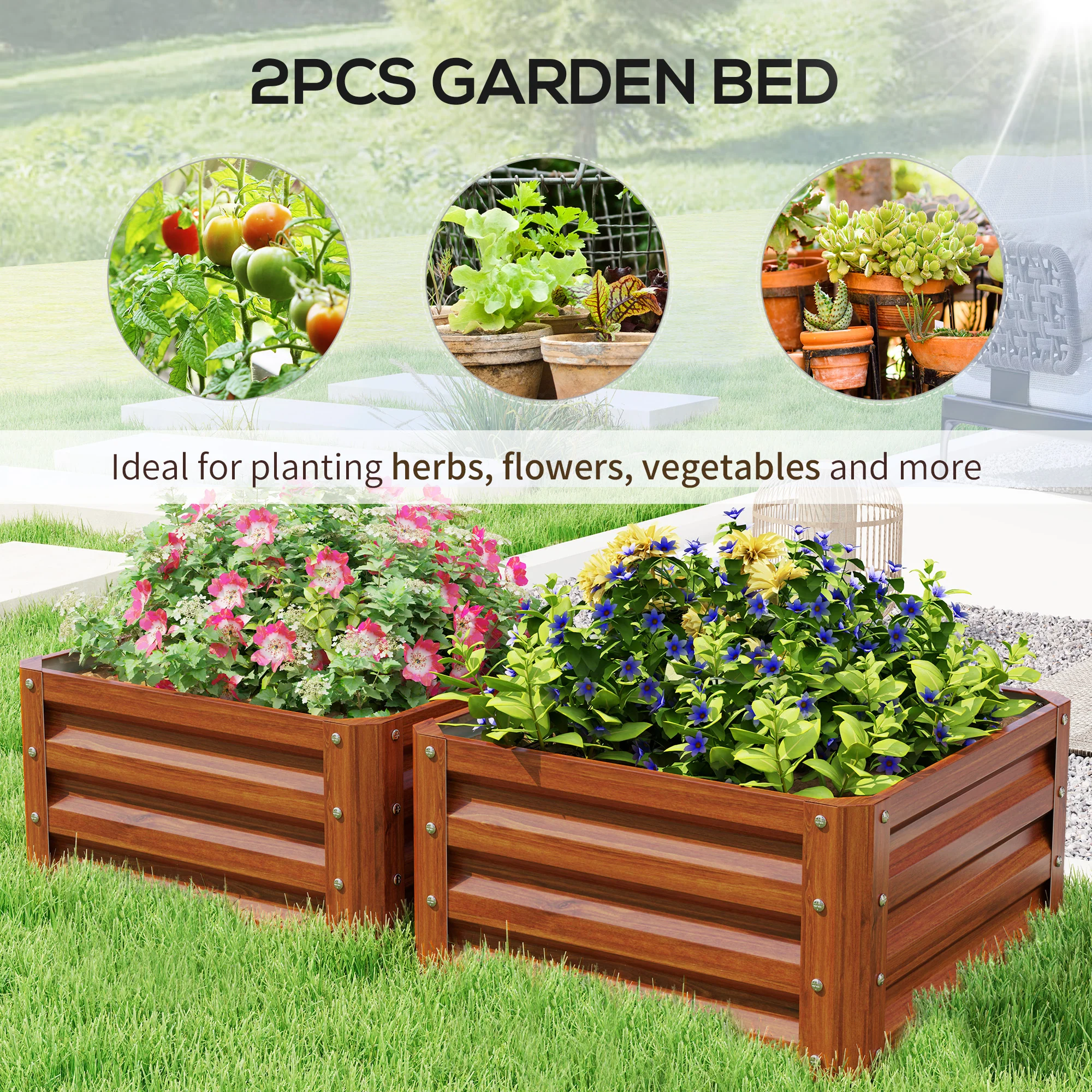 2 Piece Galvanized Raised Garden Bed, 2' x 2' x 1' Metal Planter Box for Growing Vegetables, Flowers, Herbs, Succulents, Brown - Image 6