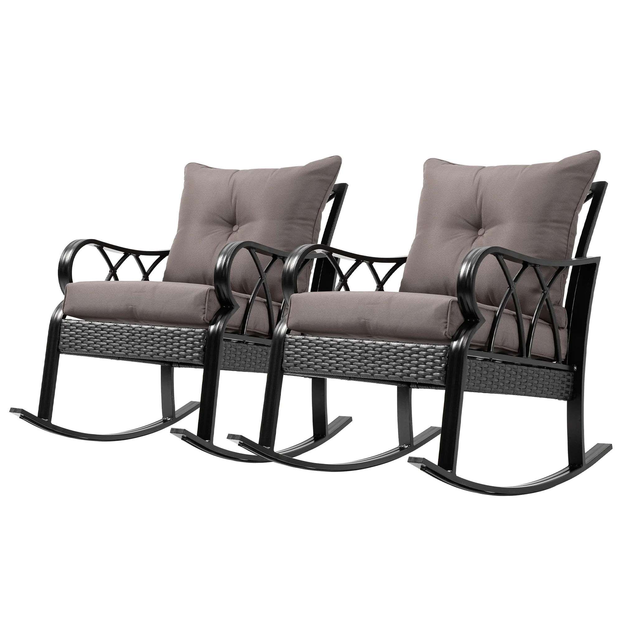 2 Pcs Patio Wicker Rocking Chairs with Removable Cushions, Outdoor Rattan Rockers, Gray - Image 2