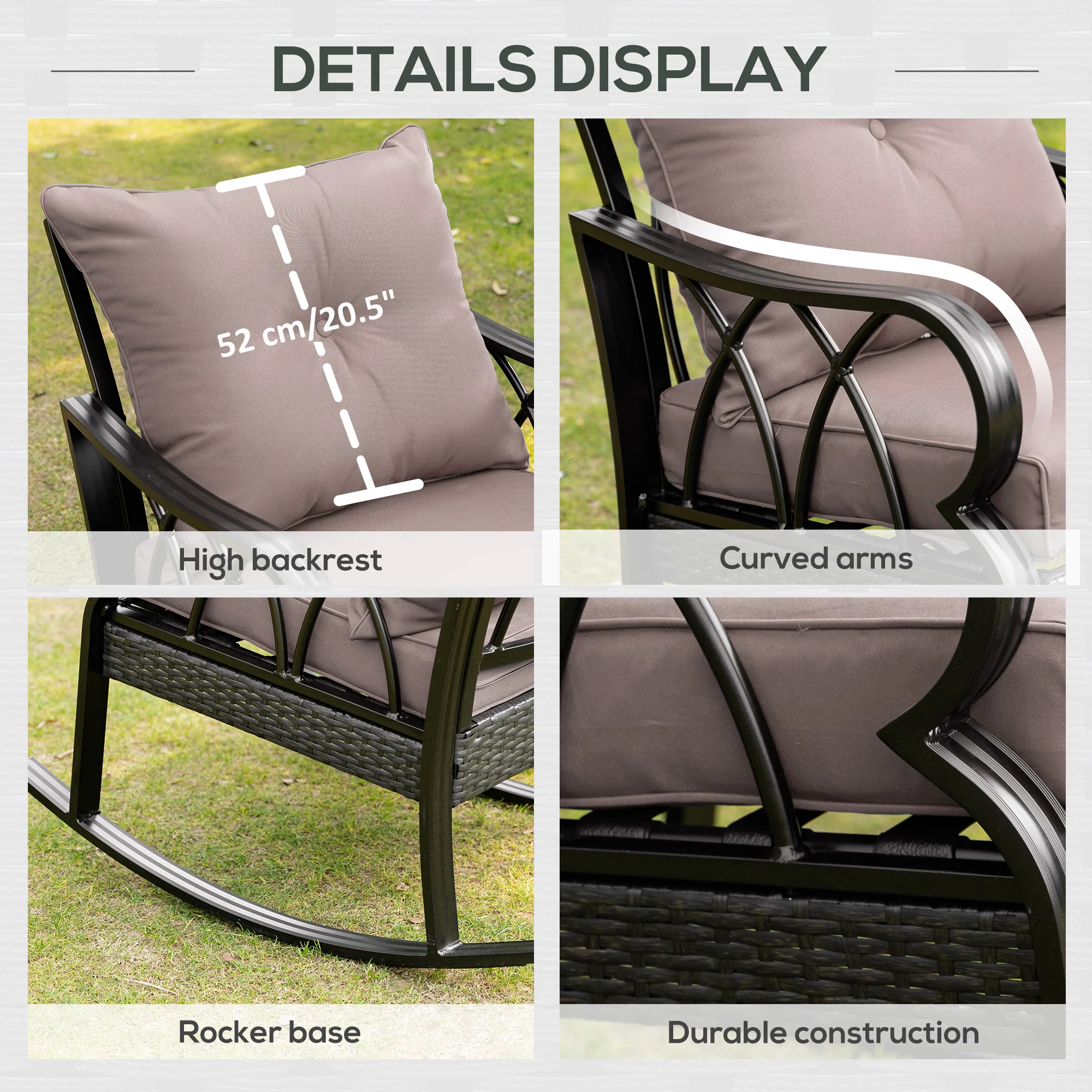 2 Pcs Patio Wicker Rocking Chairs with Removable Cushions, Outdoor Rattan Rockers, Gray - Image 8