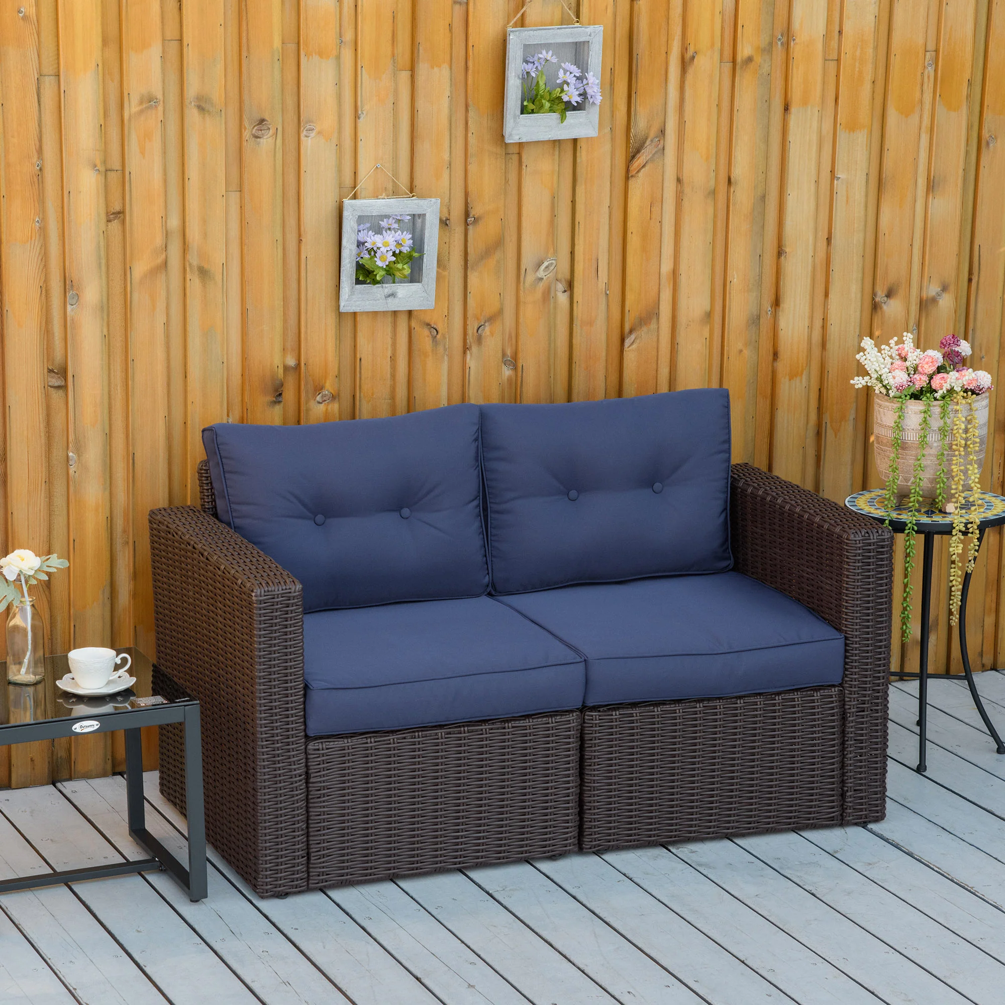 2-Piece Patio Corner Sofa Set with Curved Armrests & Padded Cushions, Dark Blue - Image 4