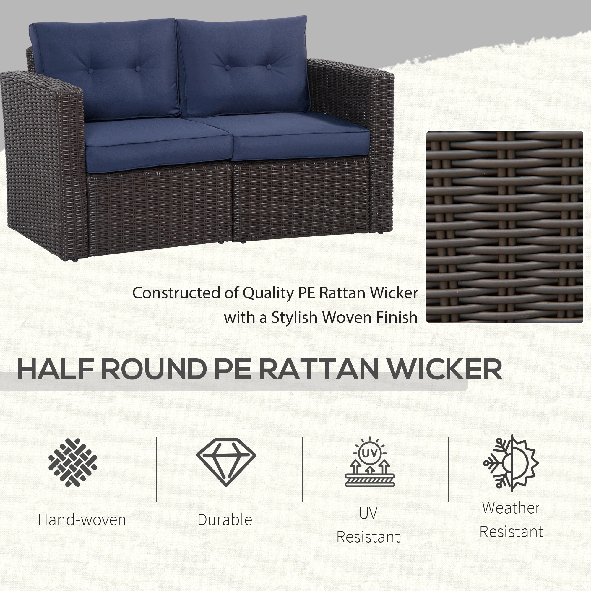 2-Piece Patio Corner Sofa Set with Curved Armrests & Padded Cushions, Dark Blue - Image 6