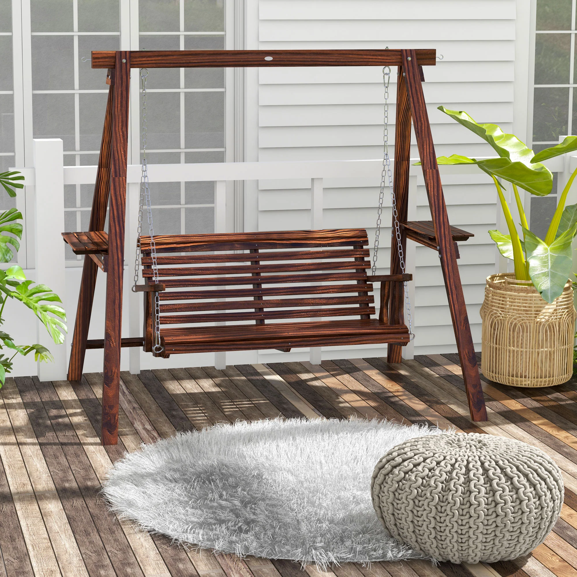 2-Seat Outdoor Swing Chair with Stand & Side Tables, Carbonized Brown - Image 10