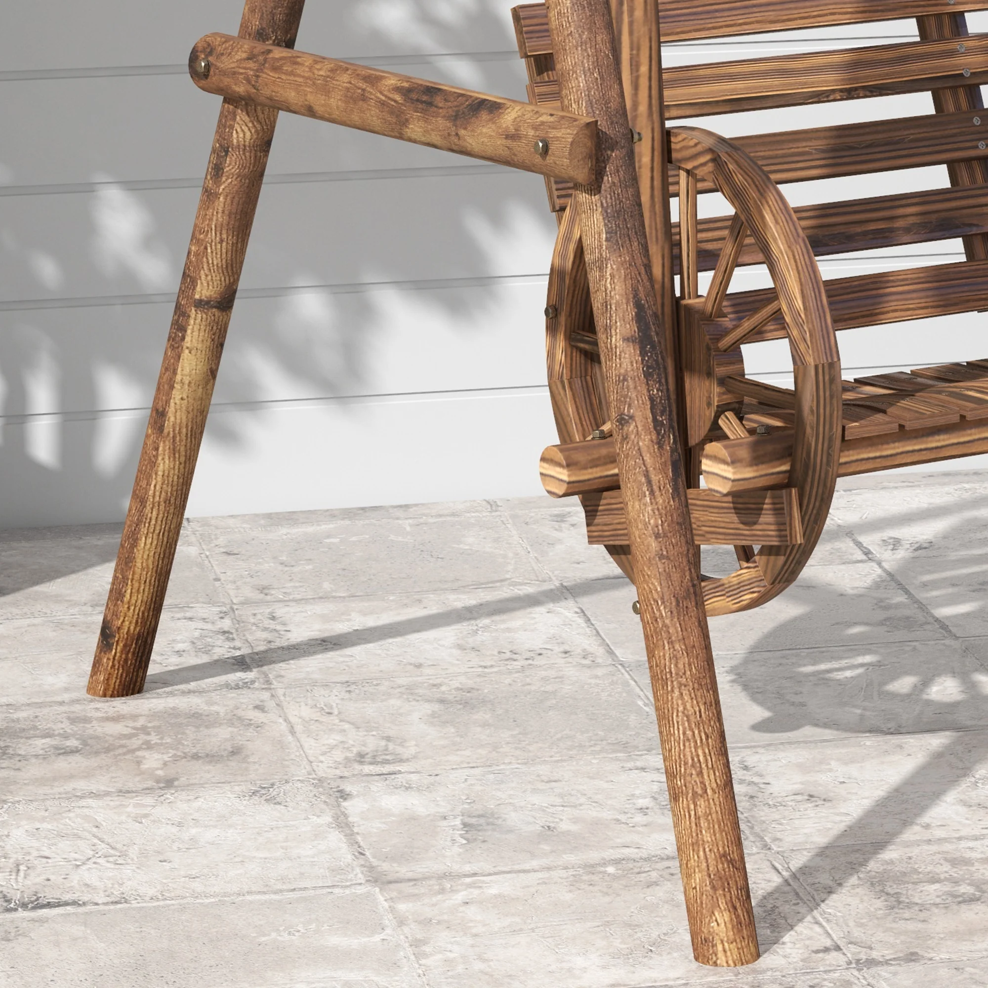 2-Seat Porch Swing, Wooden Log Patio Swing Chair with Wagon Wheel Armrests, Carbonized Brown - Image 11