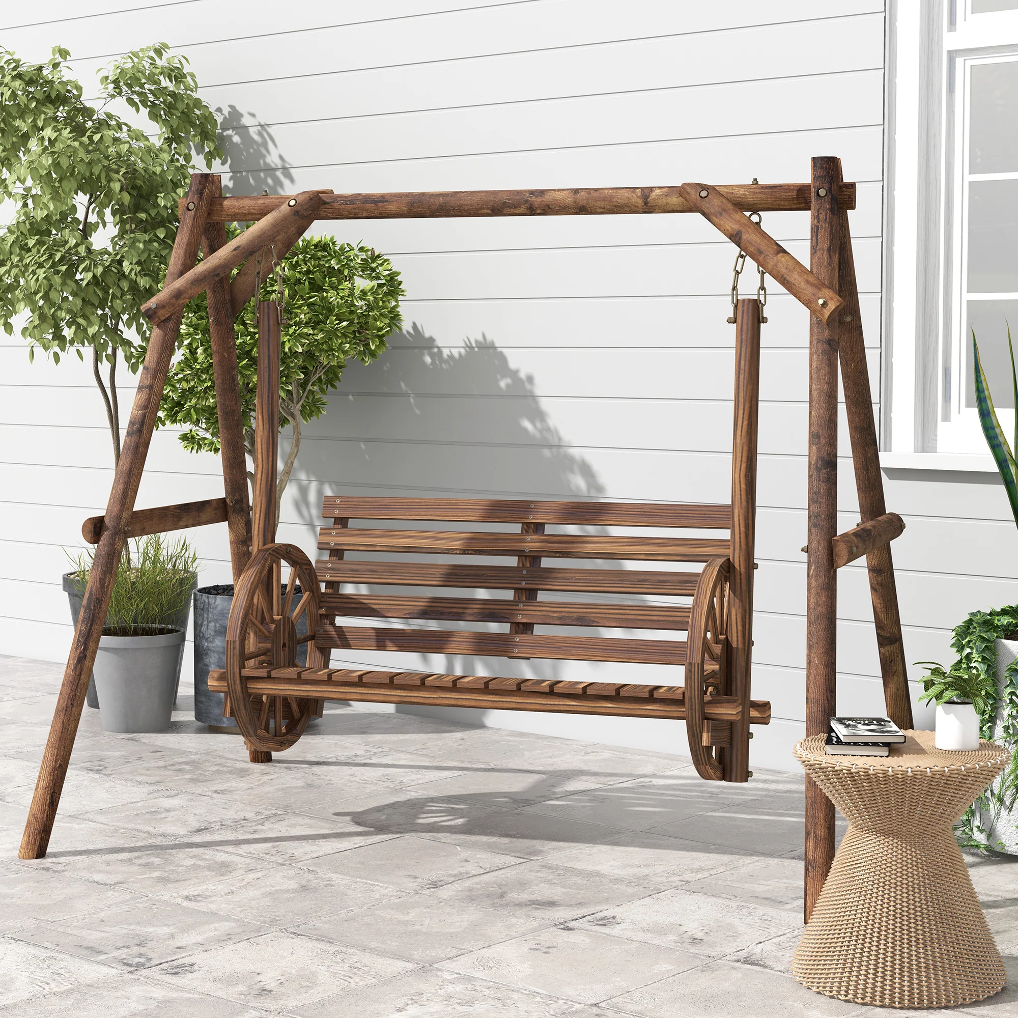 2-Seat Porch Swing, Wooden Log Patio Swing Chair with Wagon Wheel Armrests, Carbonized Brown - Image 3