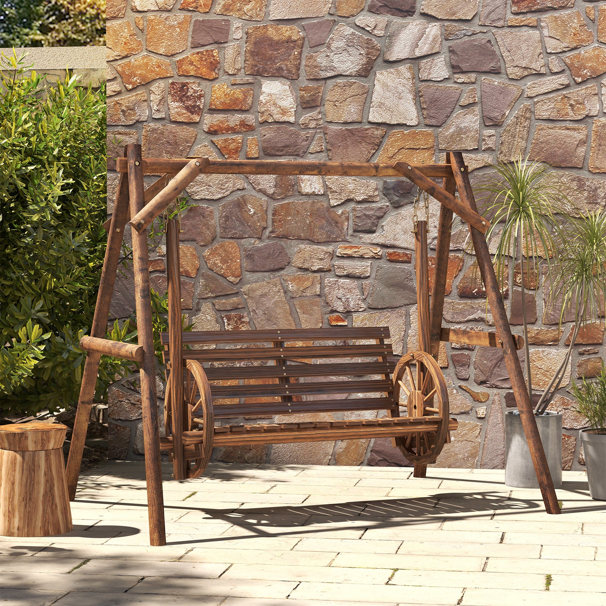 2-Seat Porch Swing, Wooden Log Patio Swing Chair with Wagon Wheel Armrests, Carbonized Brown - Image 4