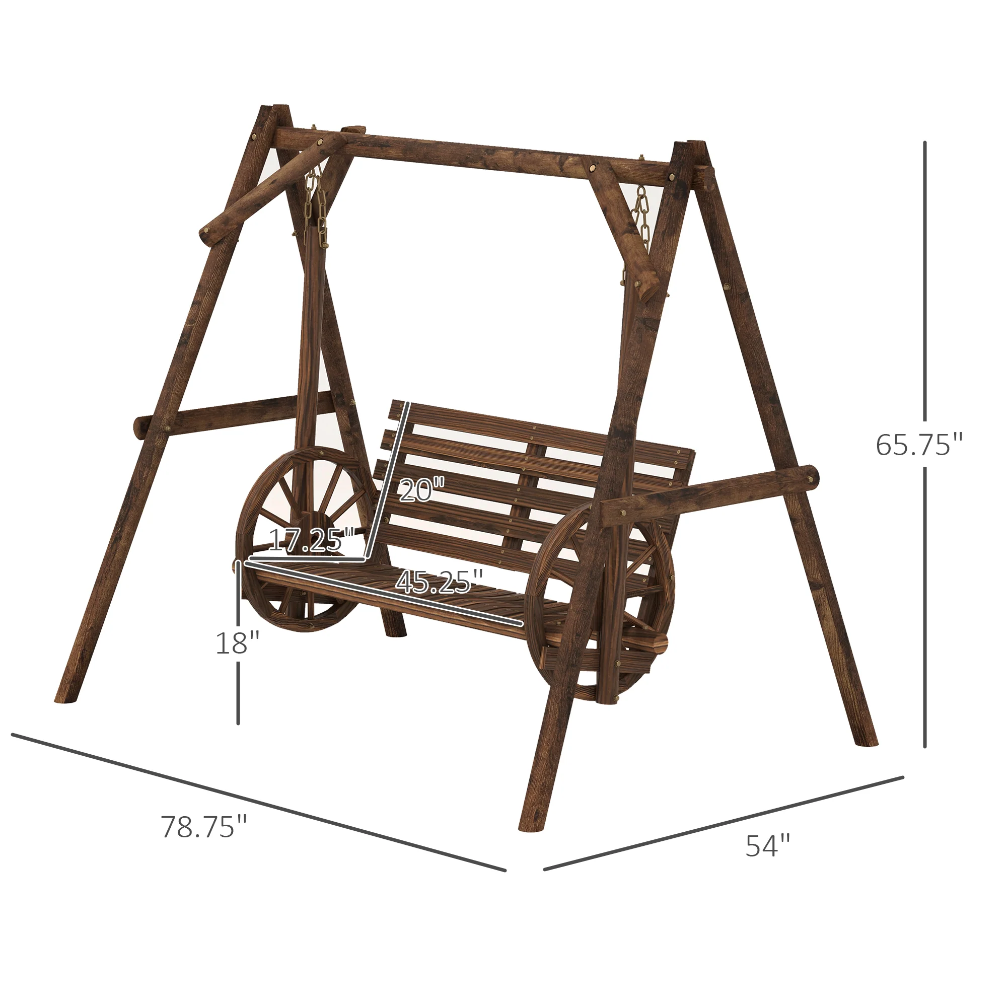 2-Seat Porch Swing, Wooden Log Patio Swing Chair with Wagon Wheel Armrests, Carbonized Brown - Image 5