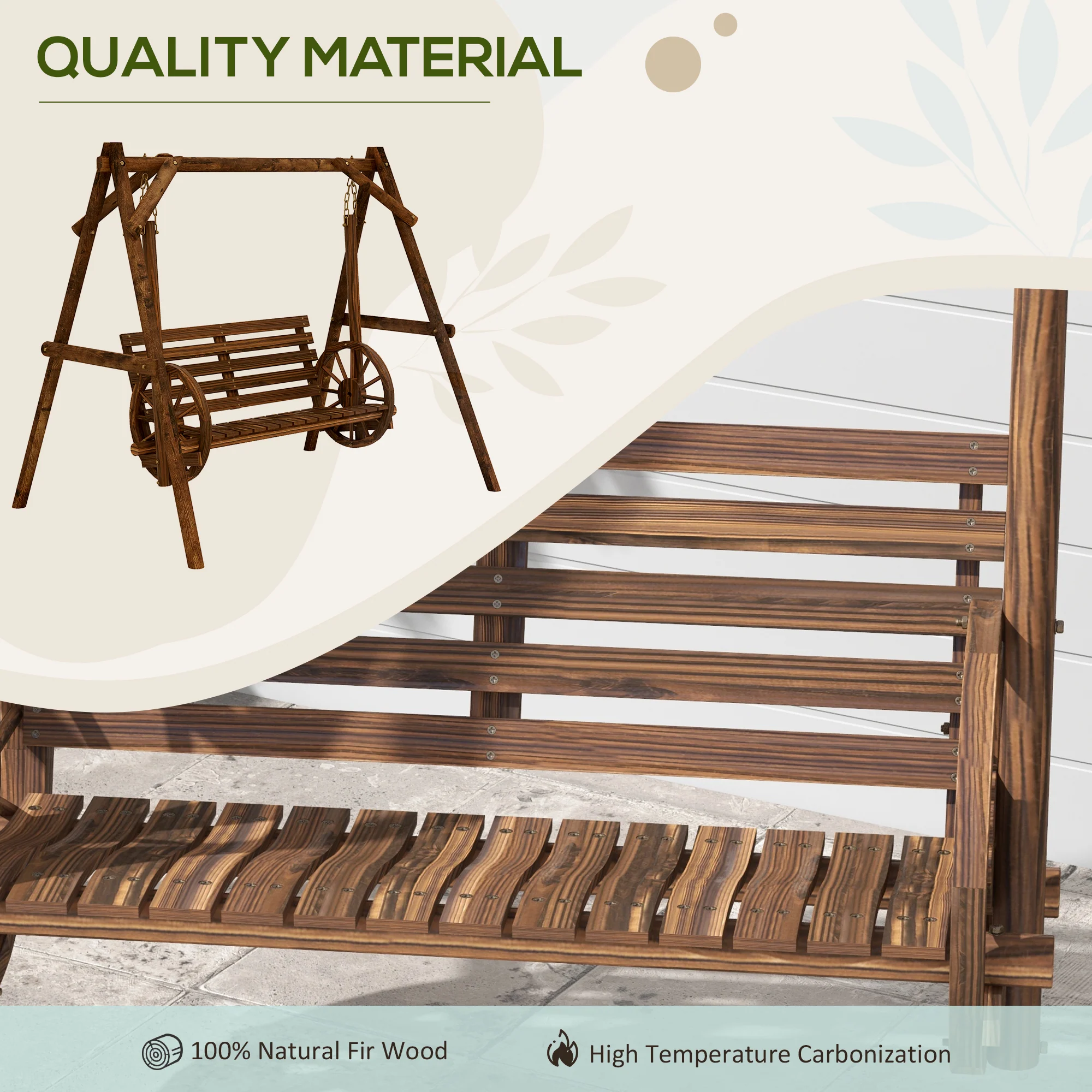 2-Seat Porch Swing, Wooden Log Patio Swing Chair with Wagon Wheel Armrests, Carbonized Brown - Image 6