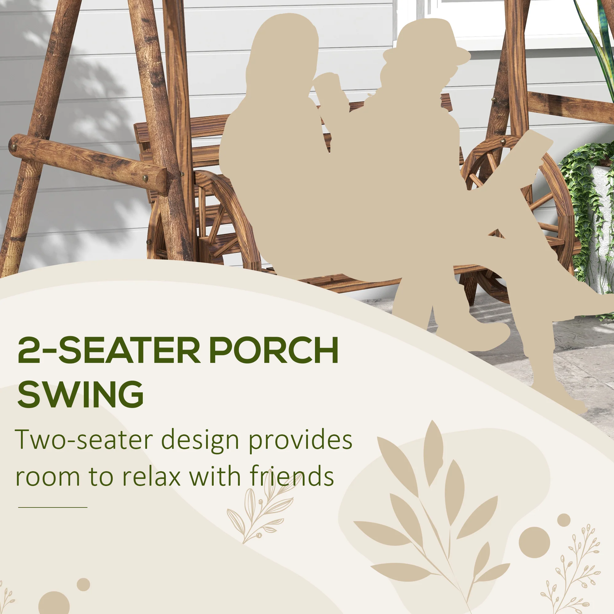 2-Seat Porch Swing, Wooden Log Patio Swing Chair with Wagon Wheel Armrests, Carbonized Brown - Image 7