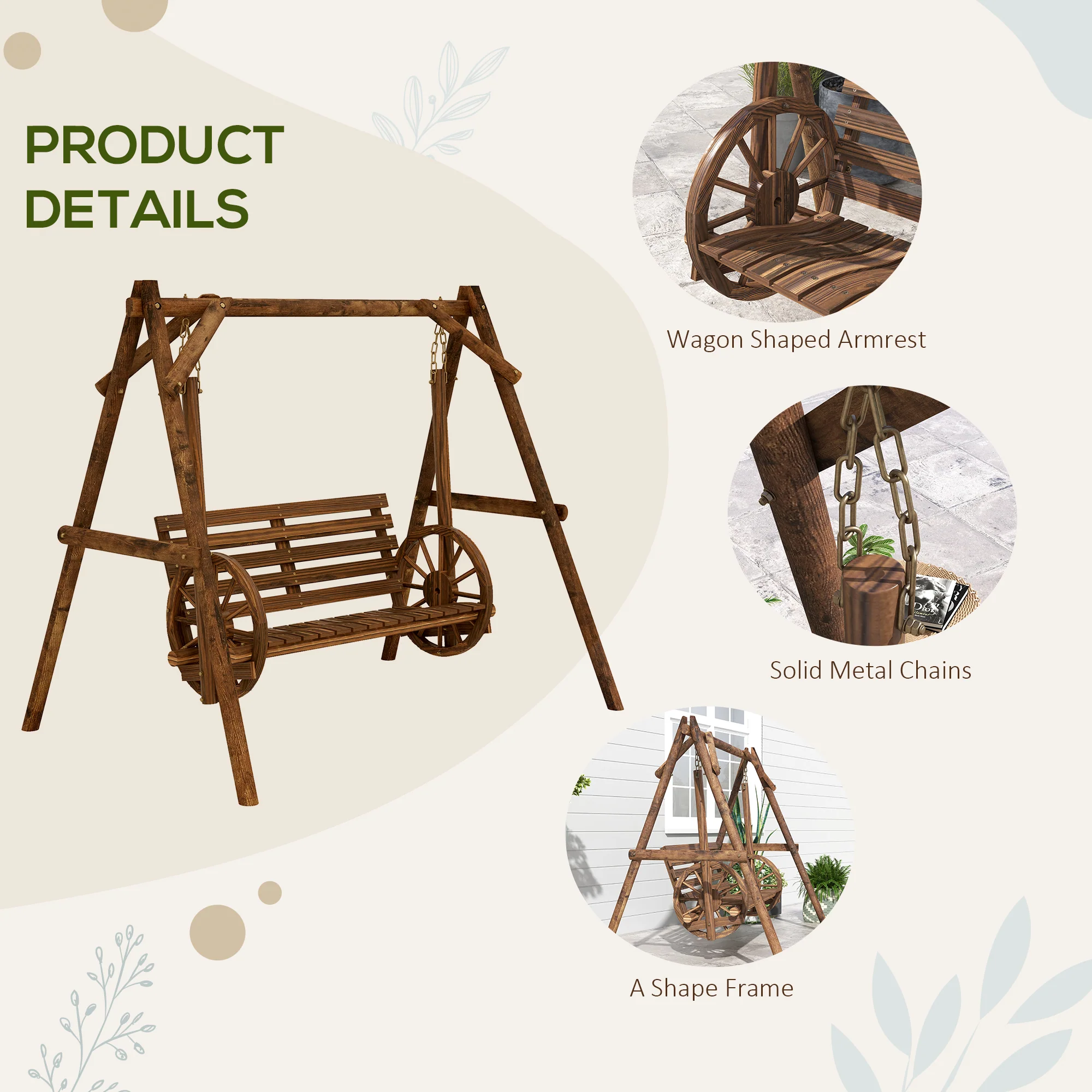 2-Seat Porch Swing, Wooden Log Patio Swing Chair with Wagon Wheel Armrests, Carbonized Brown - Image 8