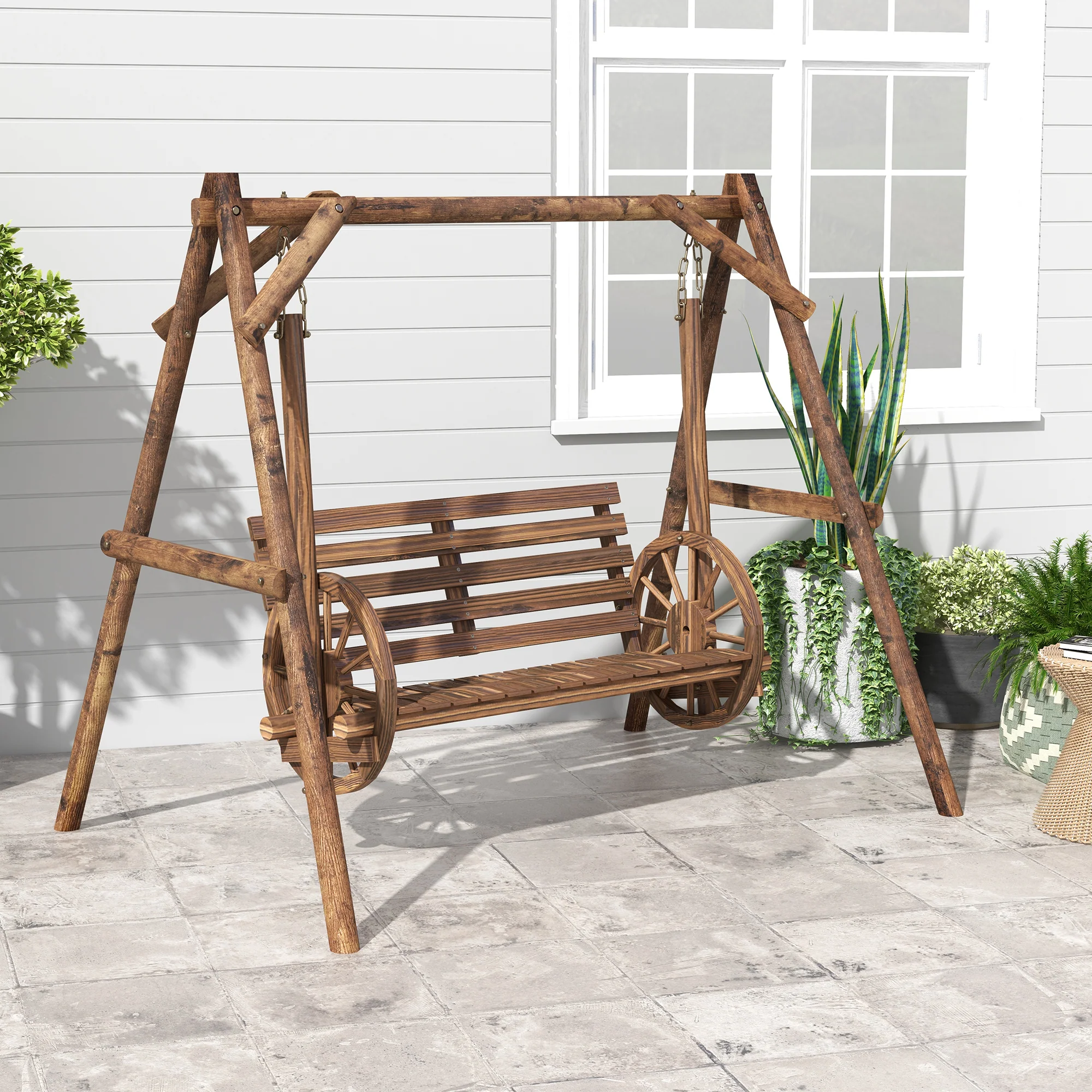 2-Seat Porch Swing, Wooden Log Patio Swing Chair with Wagon Wheel Armrests, Carbonized Brown - Image 9