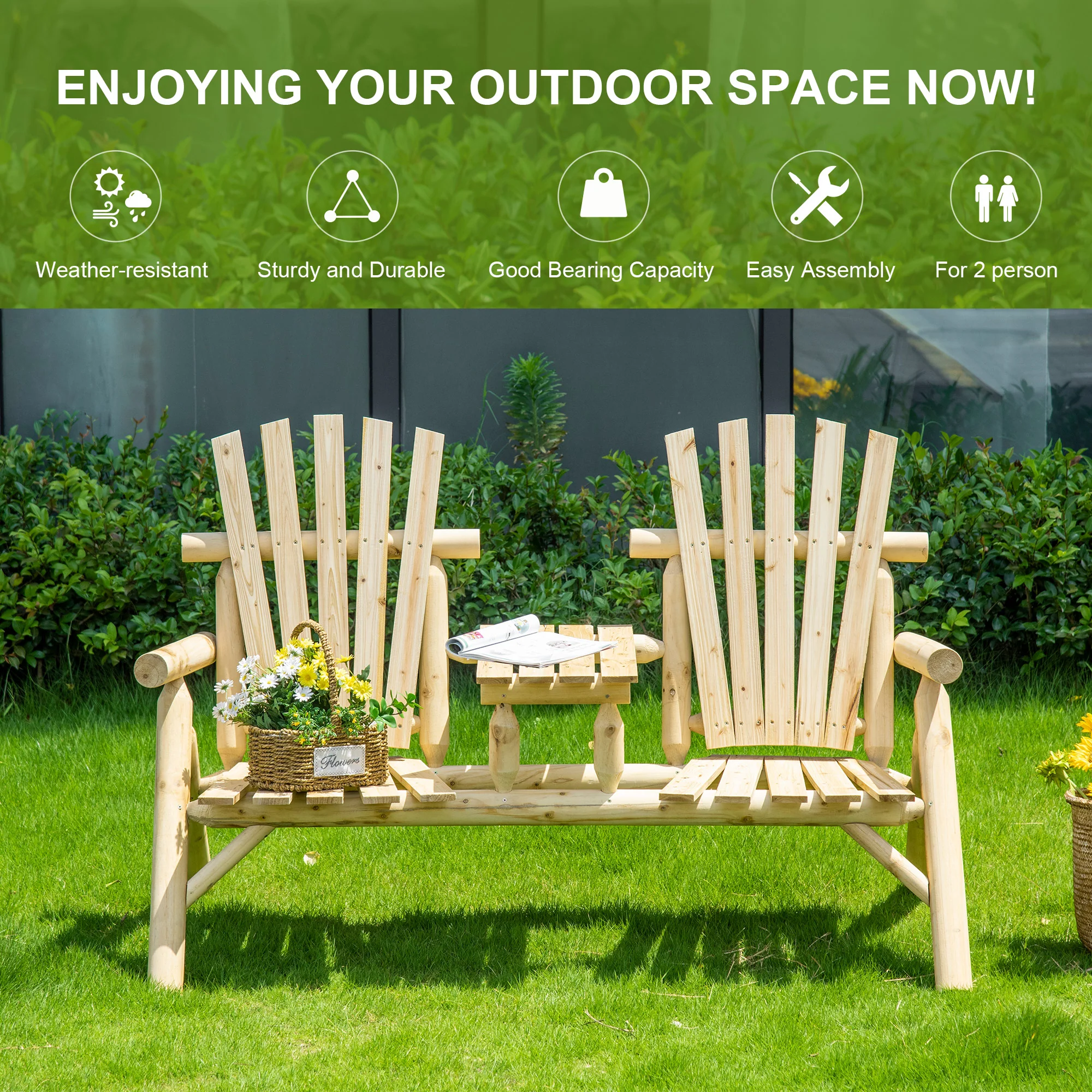 2-Seat Adirondack Loveseat with Fire Pit Table, Natural Wood Finish - Image 9