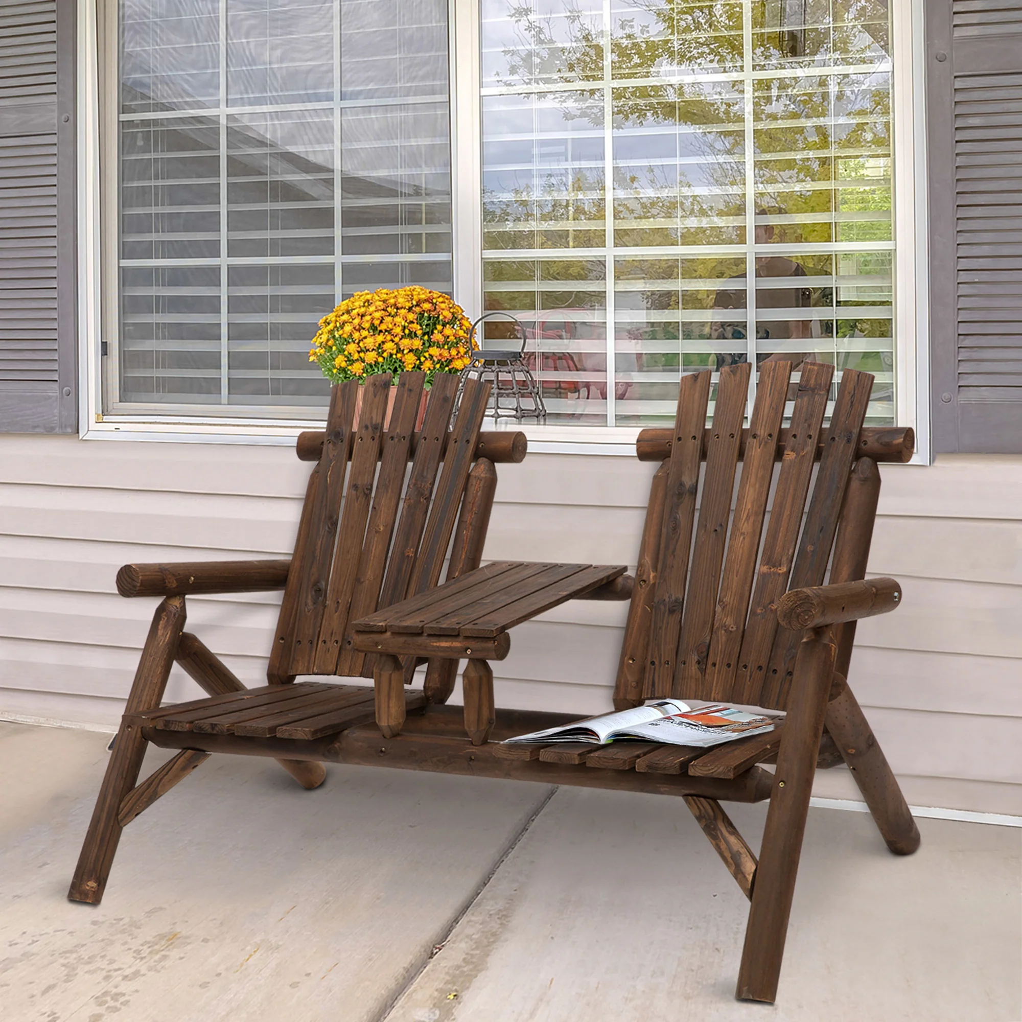 Adirondack Patio Chair Bench with Center Coffee Table, Carbonized - Image 3