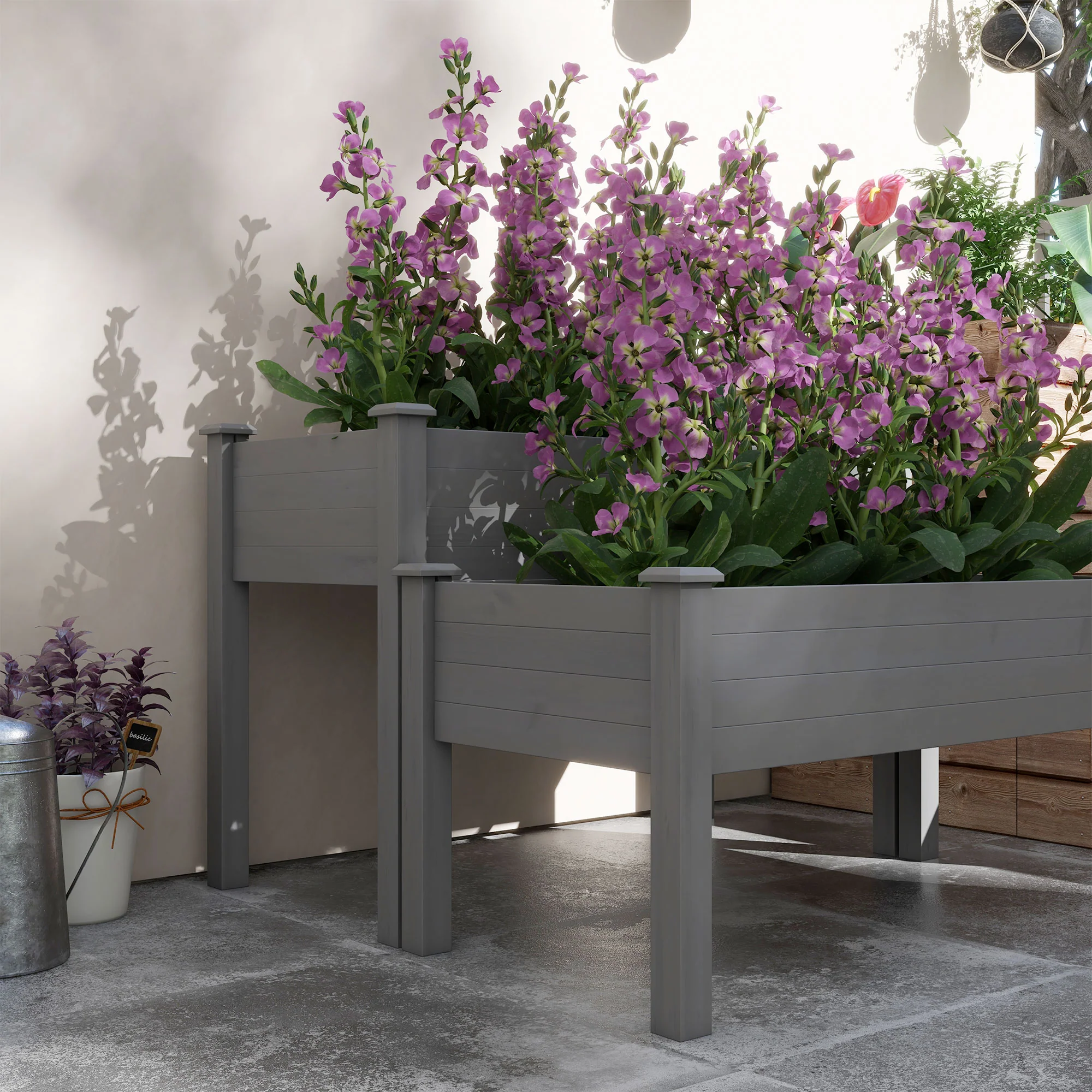 2-Tier Wooden Raised Garden Bed with Drainage hole for Flowers, Vegetables, Herbs, Gray - Image 11