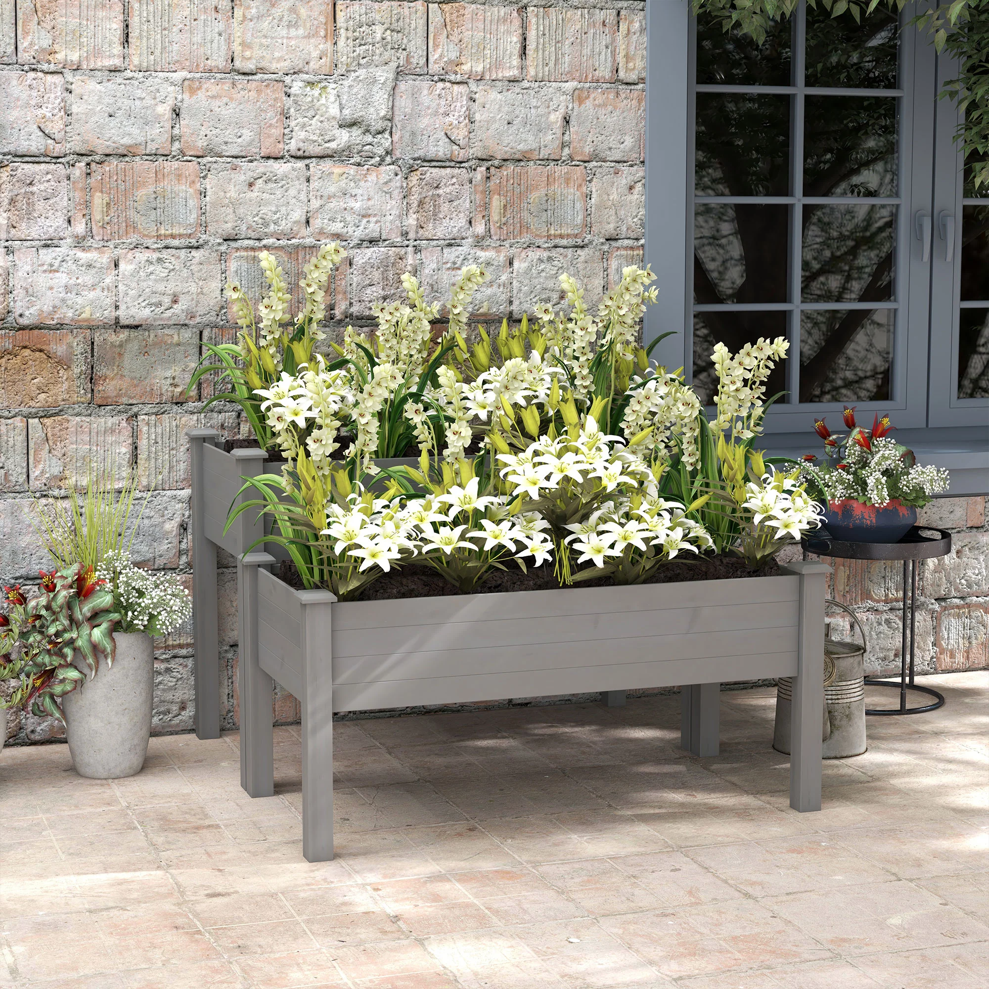 2-Tier Wooden Raised Garden Bed with Drainage hole for Flowers, Vegetables, Herbs, Gray - Image 3
