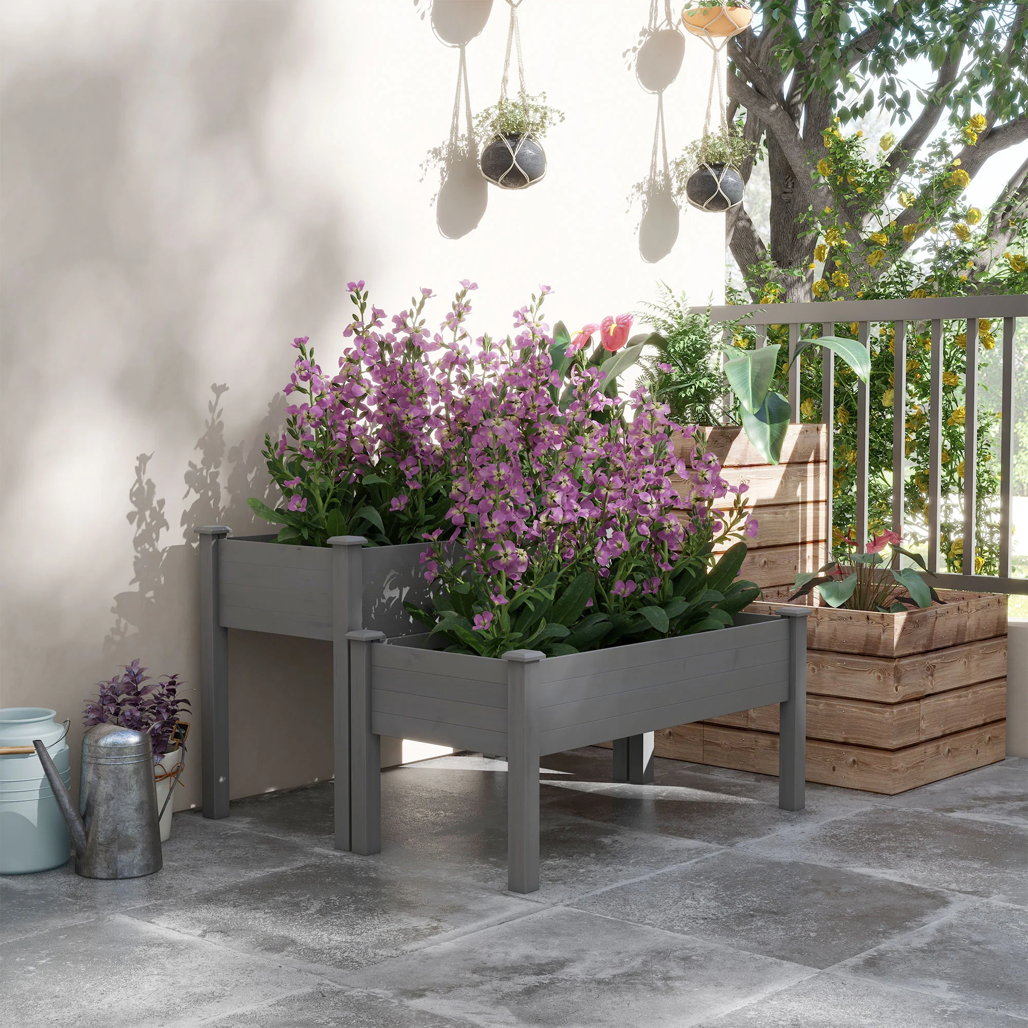 2-Tier Wooden Raised Garden Bed with Drainage hole for Flowers, Vegetables, Herbs, Gray - Image 4