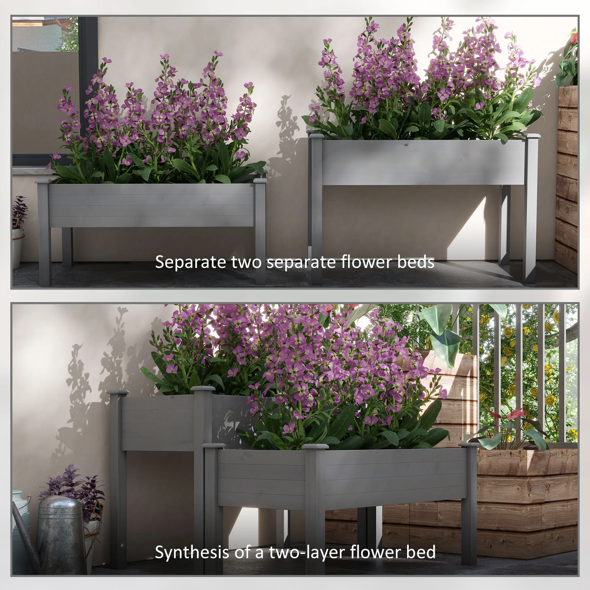 2-Tier Wooden Raised Garden Bed with Drainage hole for Flowers, Vegetables, Herbs, Gray - Image 9