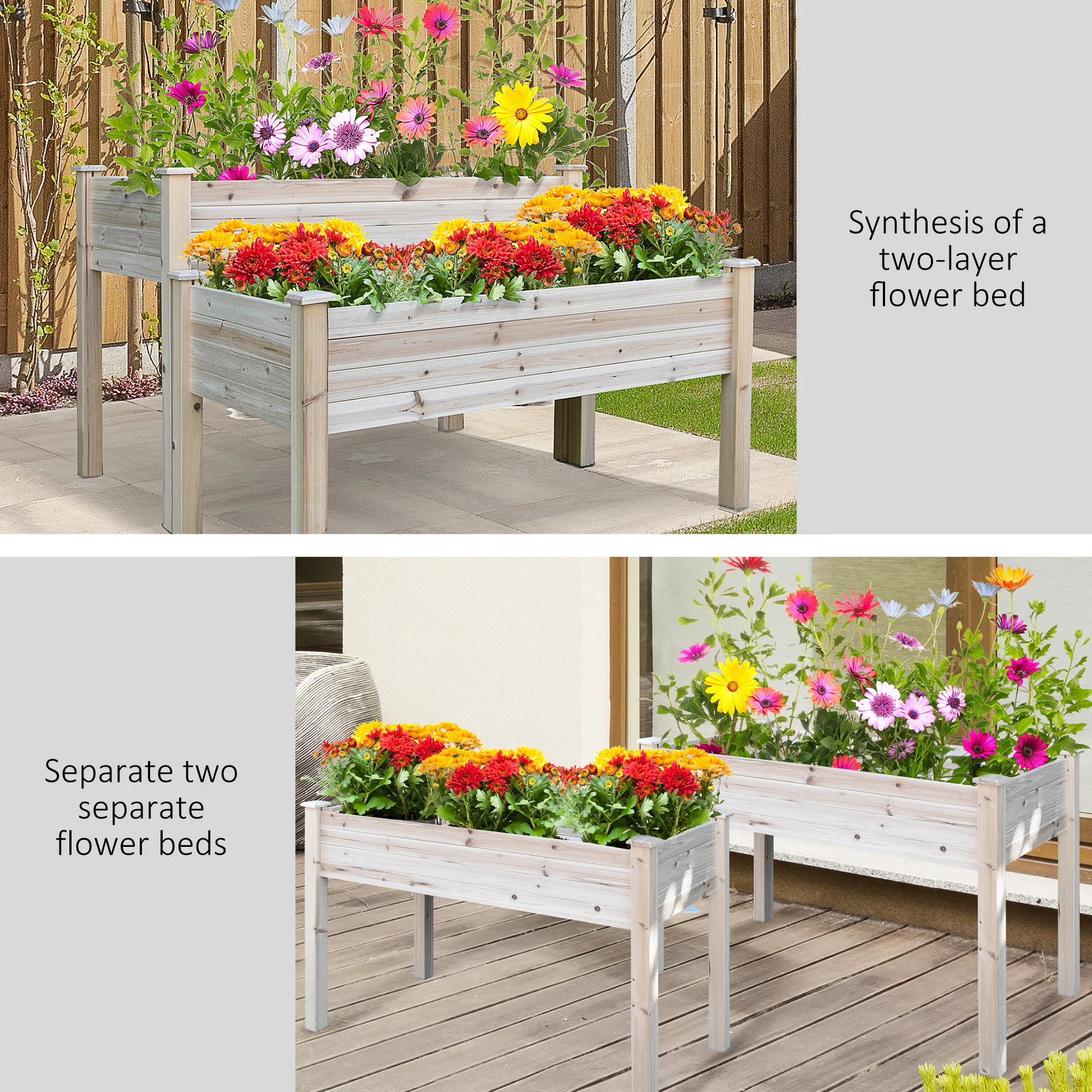 2-Tier Wooden Raised Garden Bed with Drainage hole for Flowers, Vegetables, Herbs, Natural - Image 10