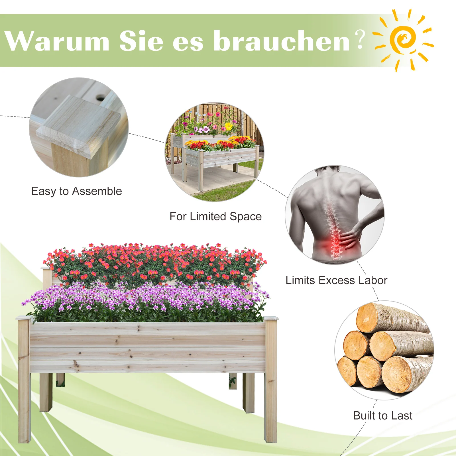2-Tier Wooden Raised Garden Bed with Drainage hole for Flowers, Vegetables, Herbs, Natural - Image 6