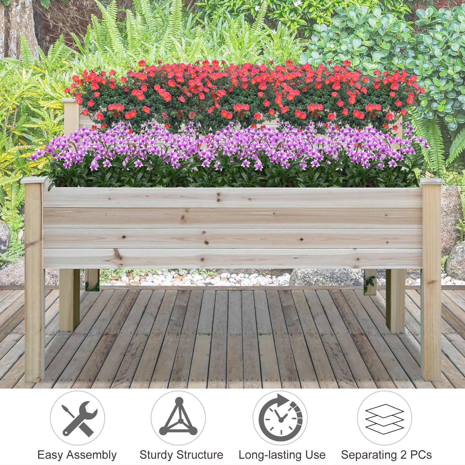 2-Tier Wooden Raised Garden Bed with Drainage hole for Flowers, Vegetables, Herbs, Natural - Image 7