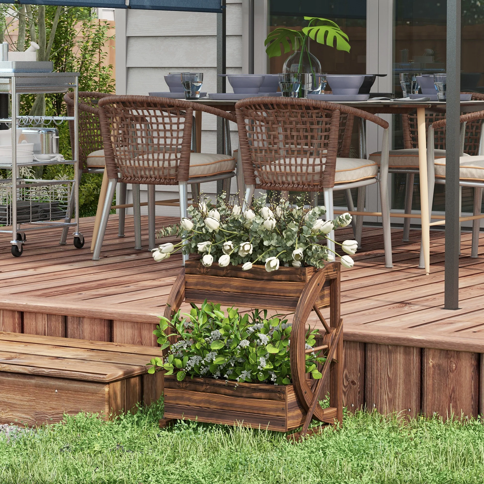 2-Tier Raised Garden Bed, Wooden Wagon Planter Boxes with Drainage Holes, for Vegetables Flowers Herbs, 22" x 13" x 22" - Image 3