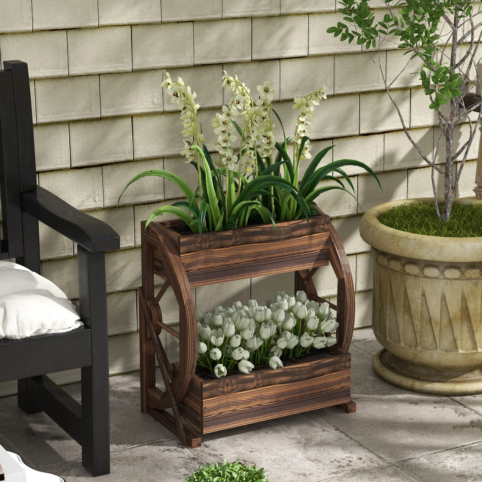 2-Tier Raised Garden Bed, Wooden Wagon Planter Boxes with Drainage Holes, for Vegetables Flowers Herbs, 22" x 13" x 22" - Image 4