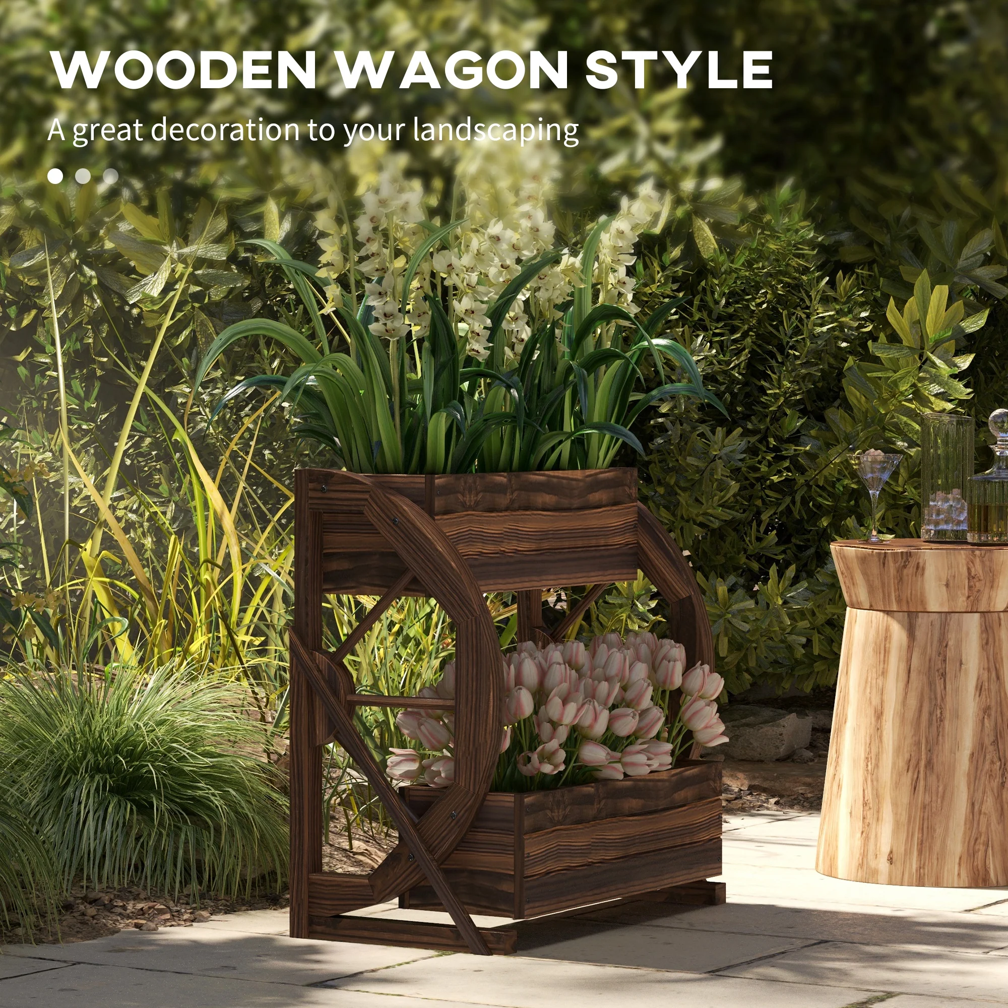 2-Tier Raised Garden Bed, Wooden Wagon Planter Boxes with Drainage Holes, for Vegetables Flowers Herbs, 22" x 13" x 22" - Image 6