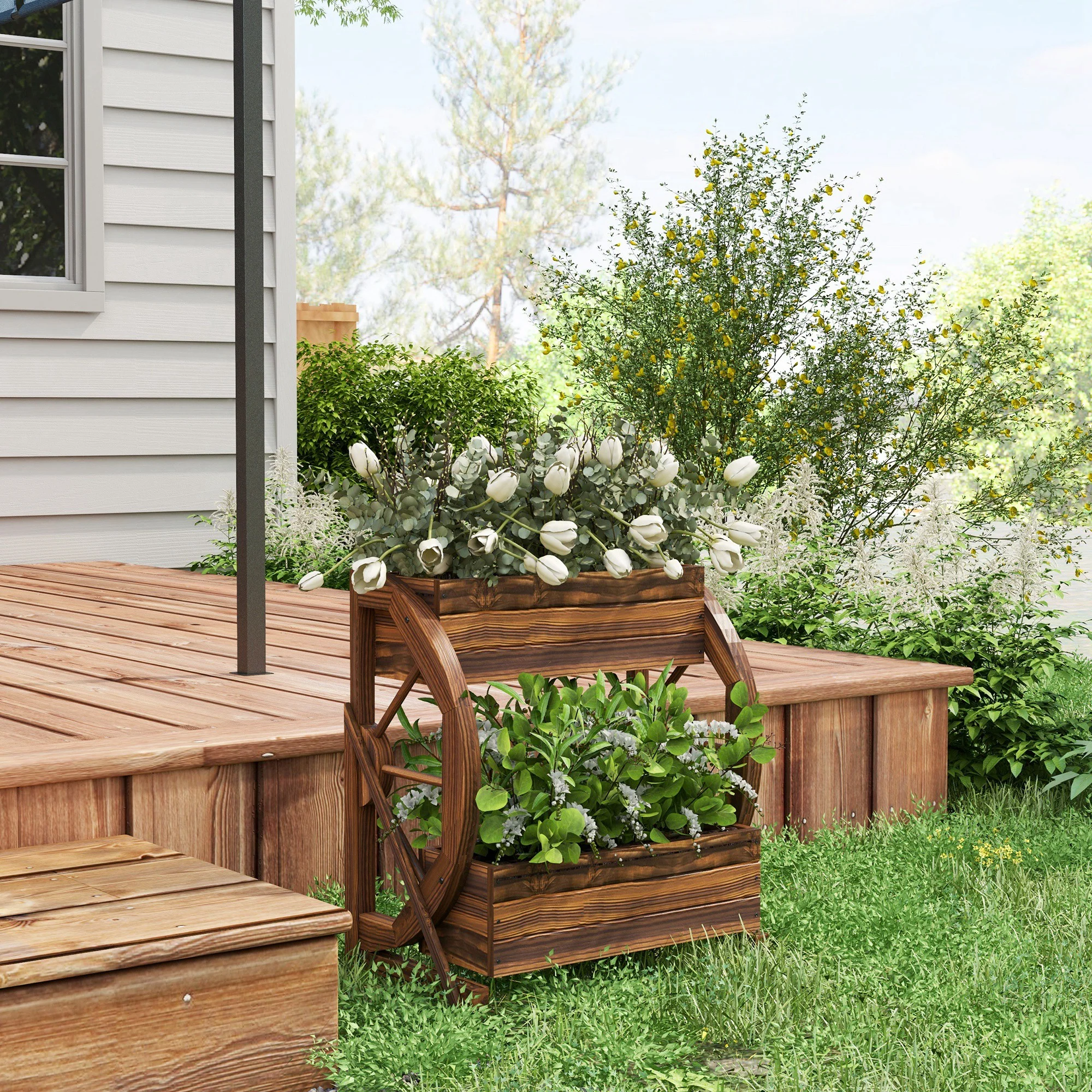 2-Tier Raised Garden Bed, Wooden Wagon Planter Boxes with Drainage Holes, for Vegetables Flowers Herbs, 22" x 13" x 22" - Image 9