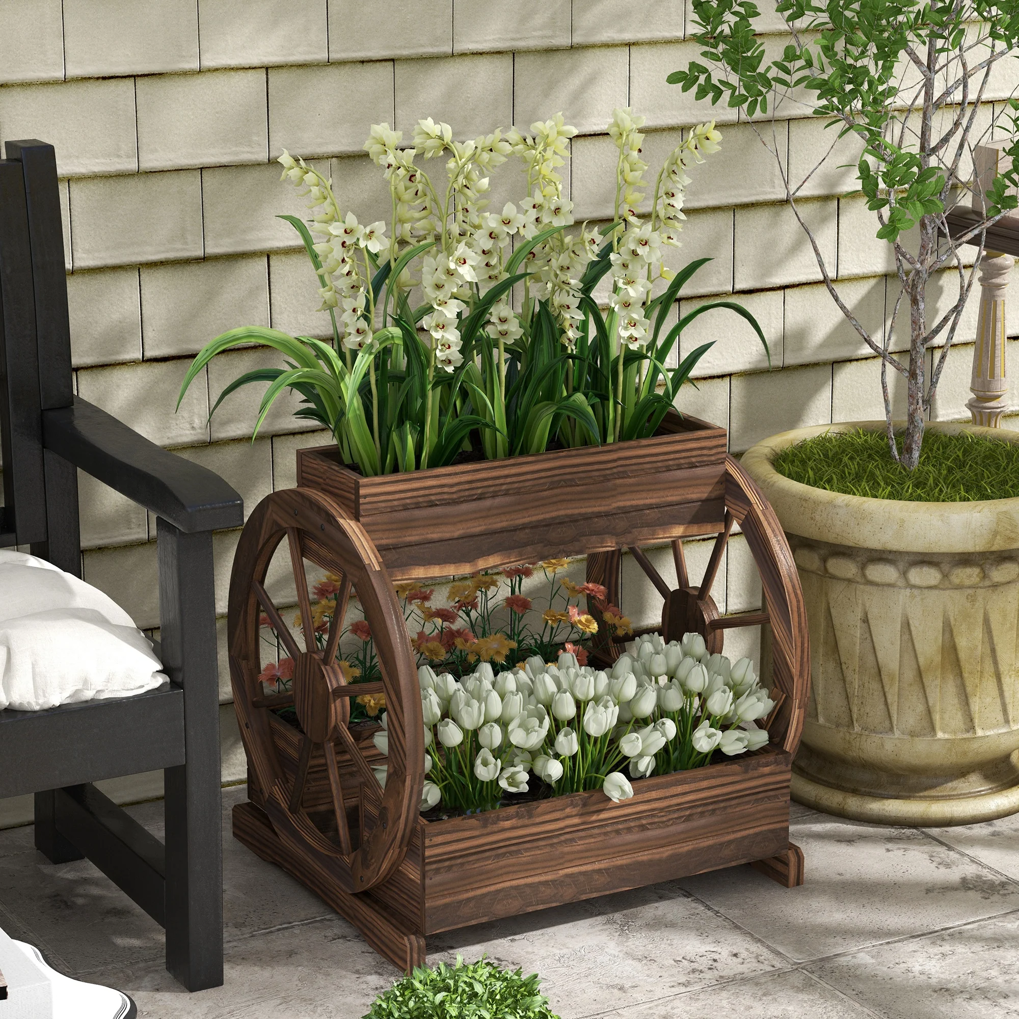 2-Tier Raised Garden Bed, Wooden Wagon Planter Boxes with Drainage Holes, for Vegetables Flowers Herbs, 25" x 21" x 24" - Image 4