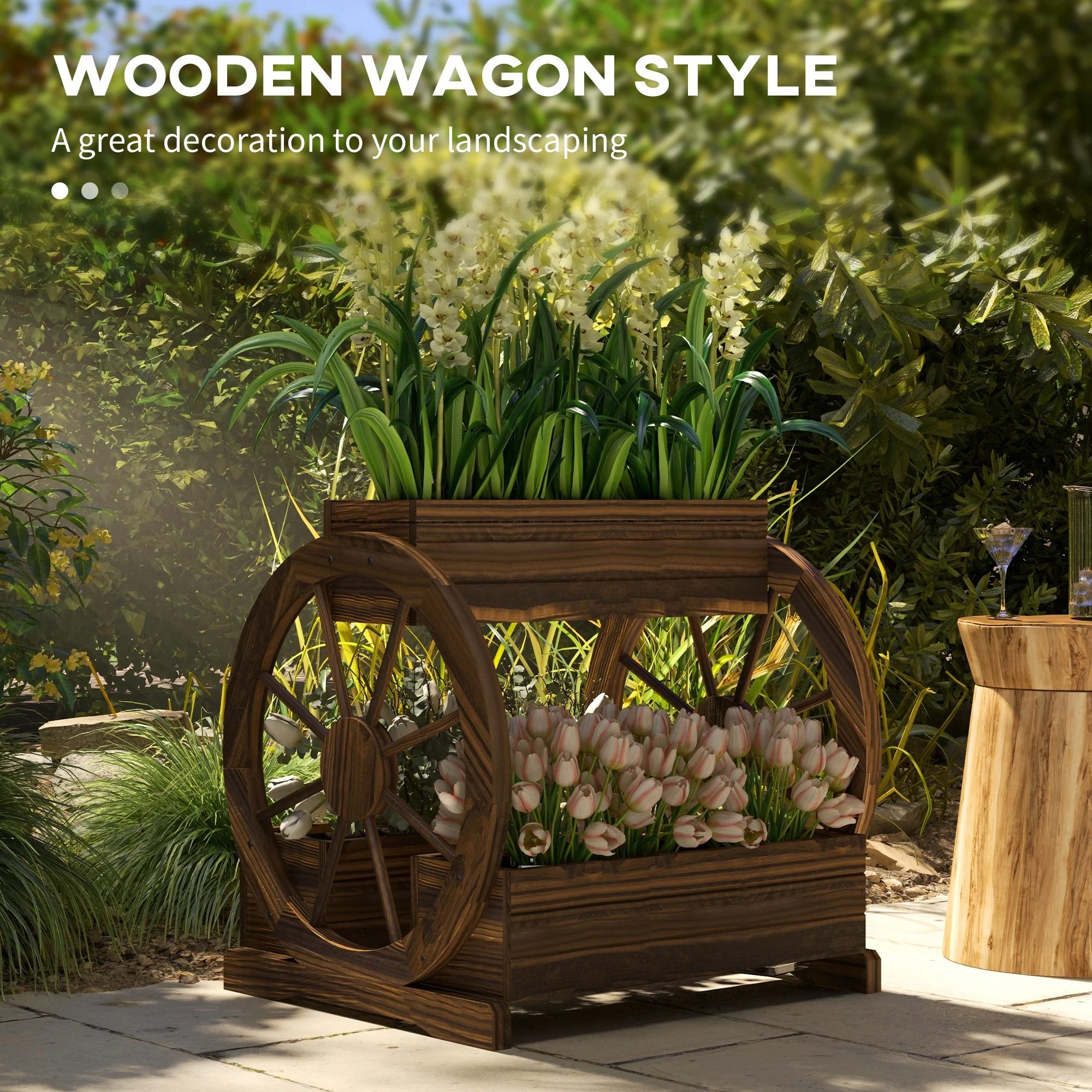 2-Tier Raised Garden Bed, Wooden Wagon Planter Boxes with Drainage Holes, for Vegetables Flowers Herbs, 25" x 21" x 24" - Image 6