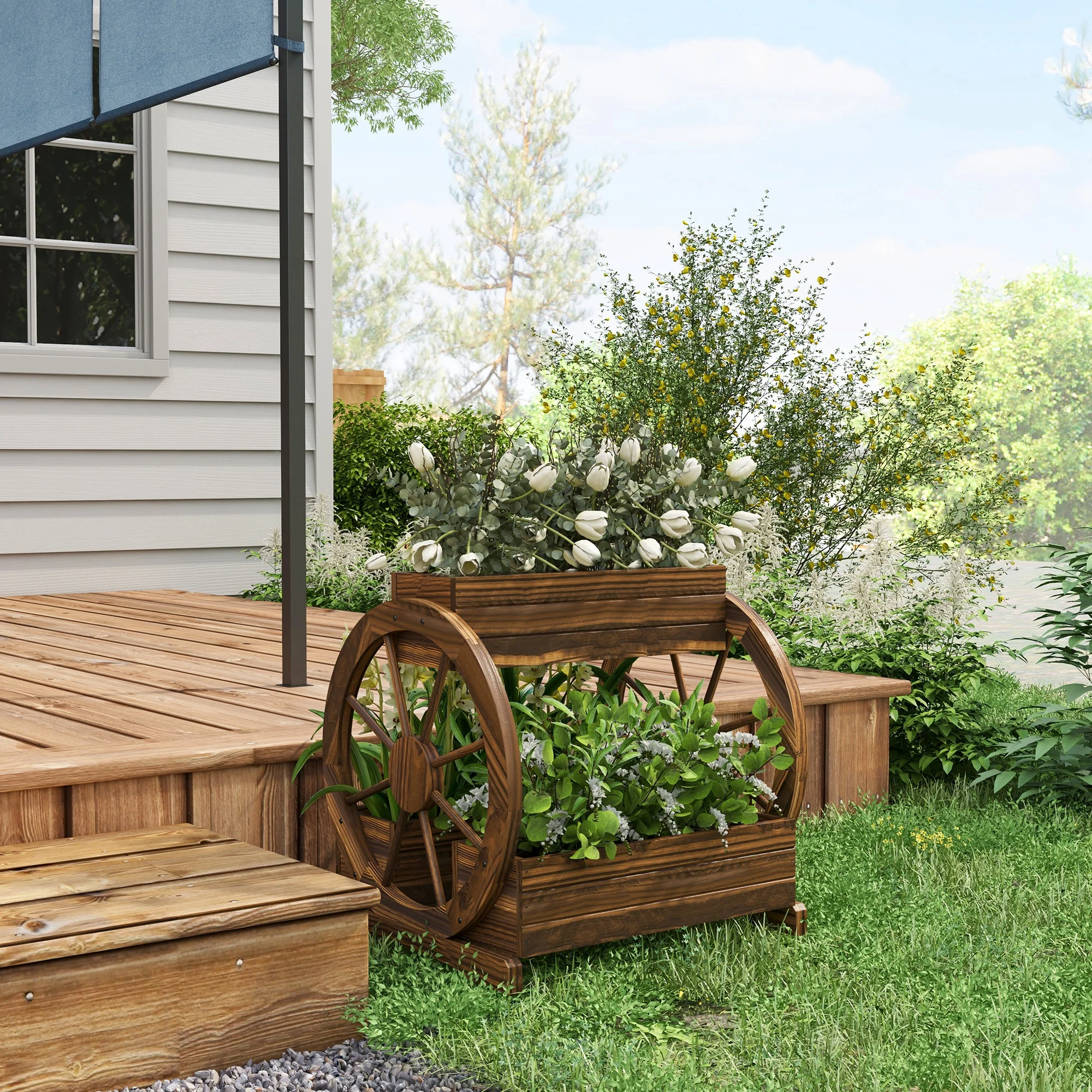 2-Tier Raised Garden Bed, Wooden Wagon Planter Boxes with Drainage Holes, for Vegetables Flowers Herbs, 25" x 21" x 24" - Image 9