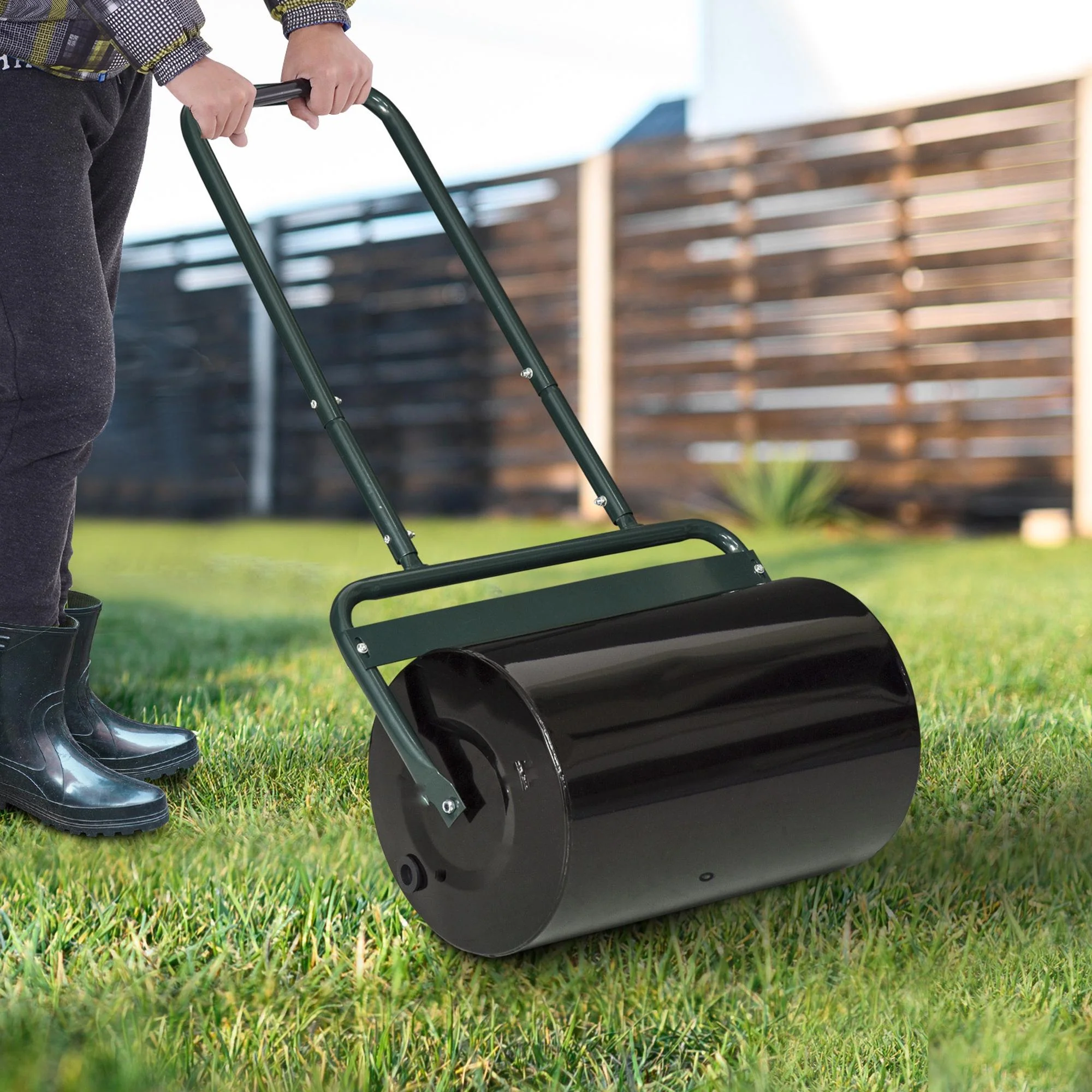 20-Inch Push/Tow Behind Lawn Roller Filled, Yard Roller with 10 Gal Water or Sand, Dark Green - Image 3