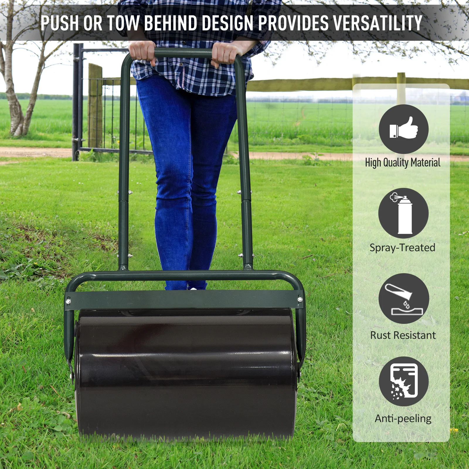 20-Inch Push/Tow Behind Lawn Roller Filled, Yard Roller with 10 Gal Water or Sand, Dark Green - Image 6