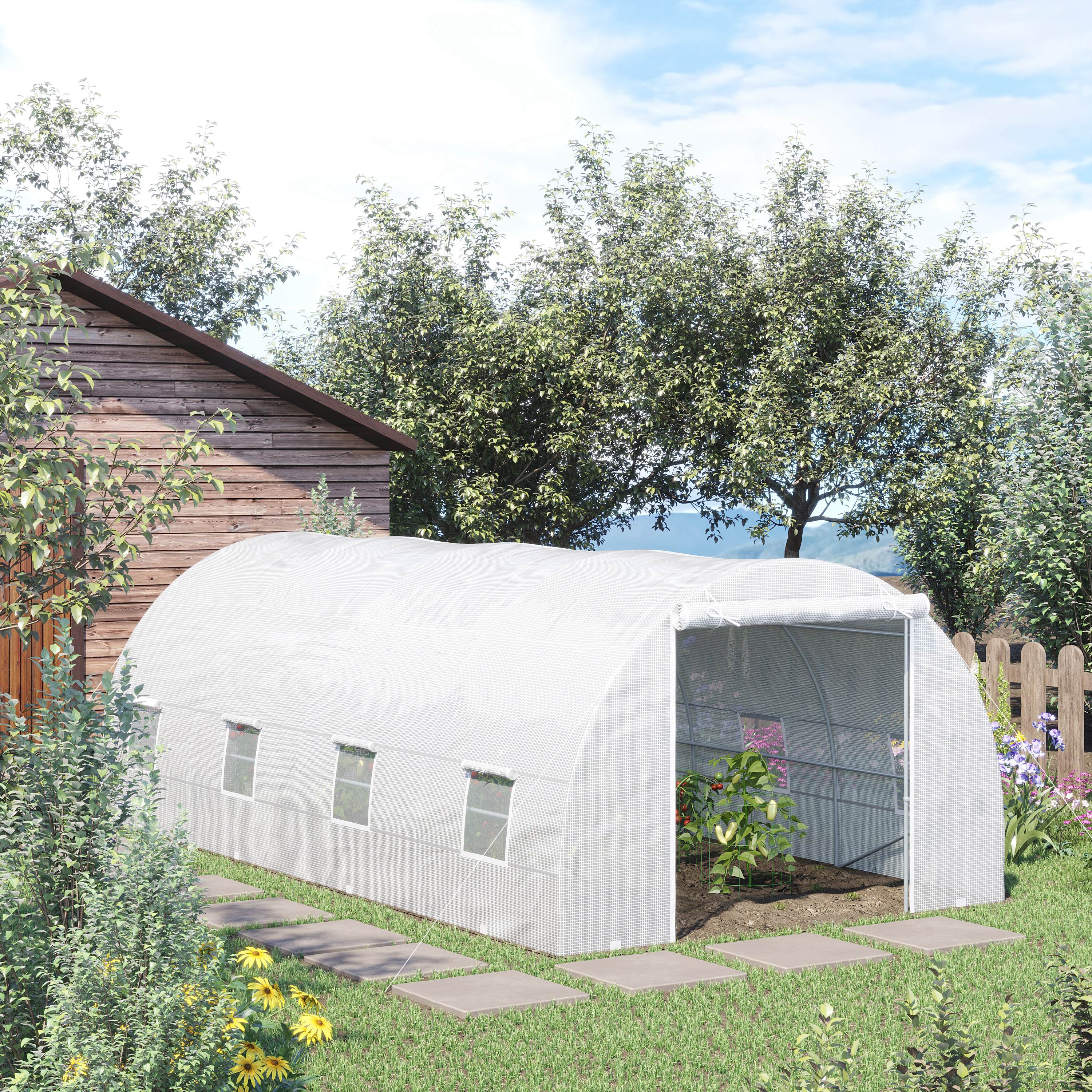 20' x 10' x 7' Walk-In Tunnel Greenhouse with Zippered Door & 8 Mesh Windows, White - Image 4