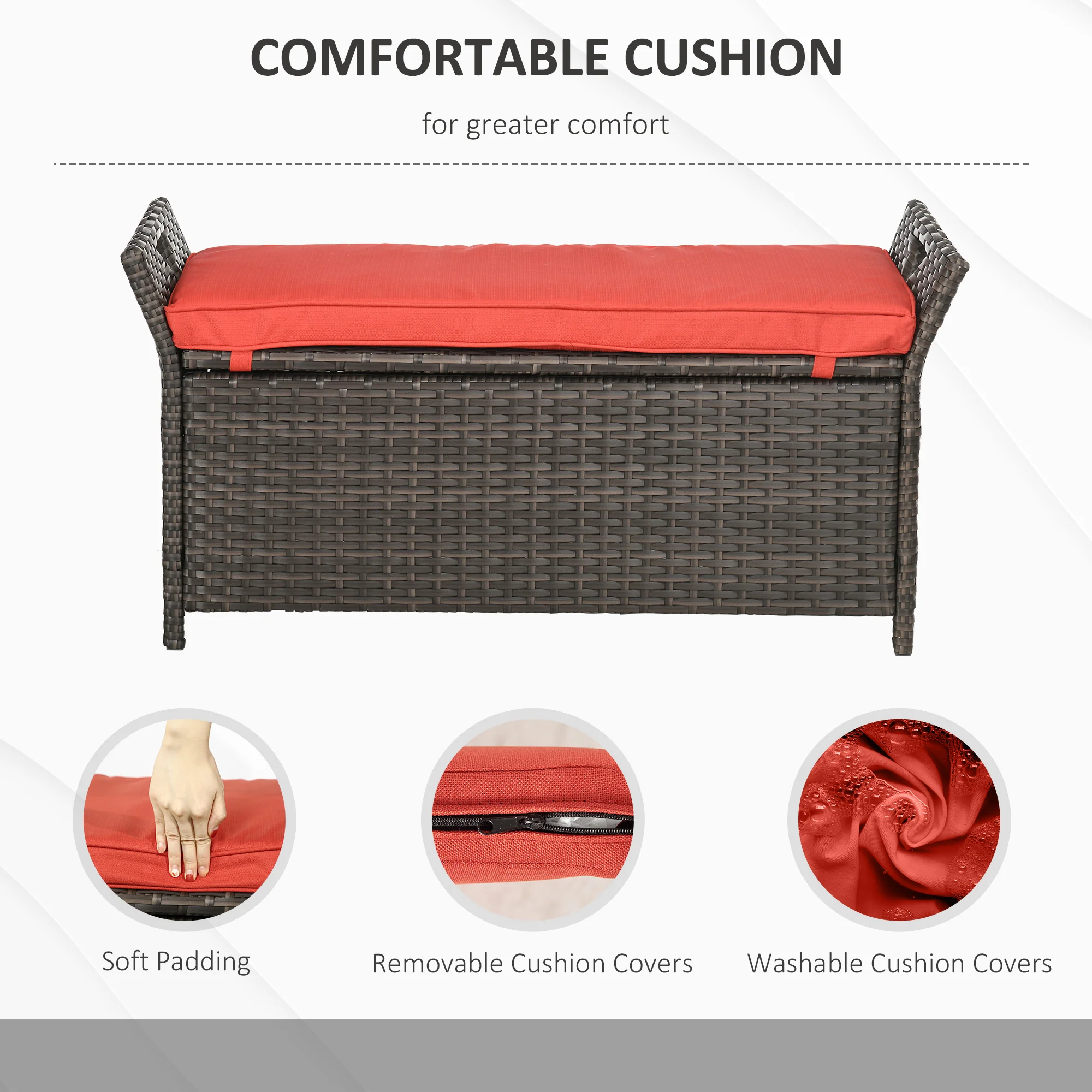 27 Gallon Outdoor Wicker Storage Bench with Handles and Cushion, Red - Image 7