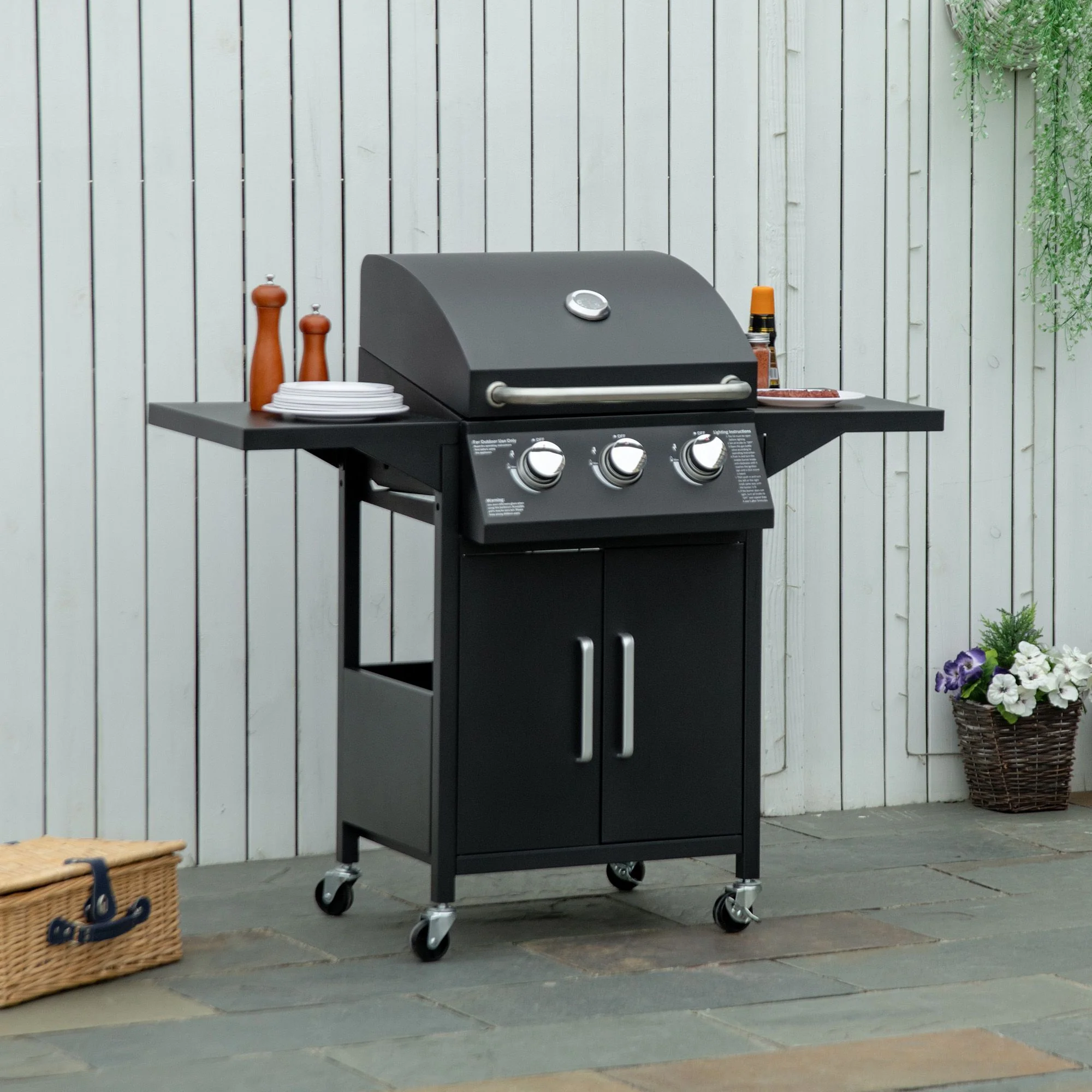 3-Burner Portable Gas Grill with Wheels, Warming Rack, Shelves, Cabinet & Thermometer, Black - Image 3