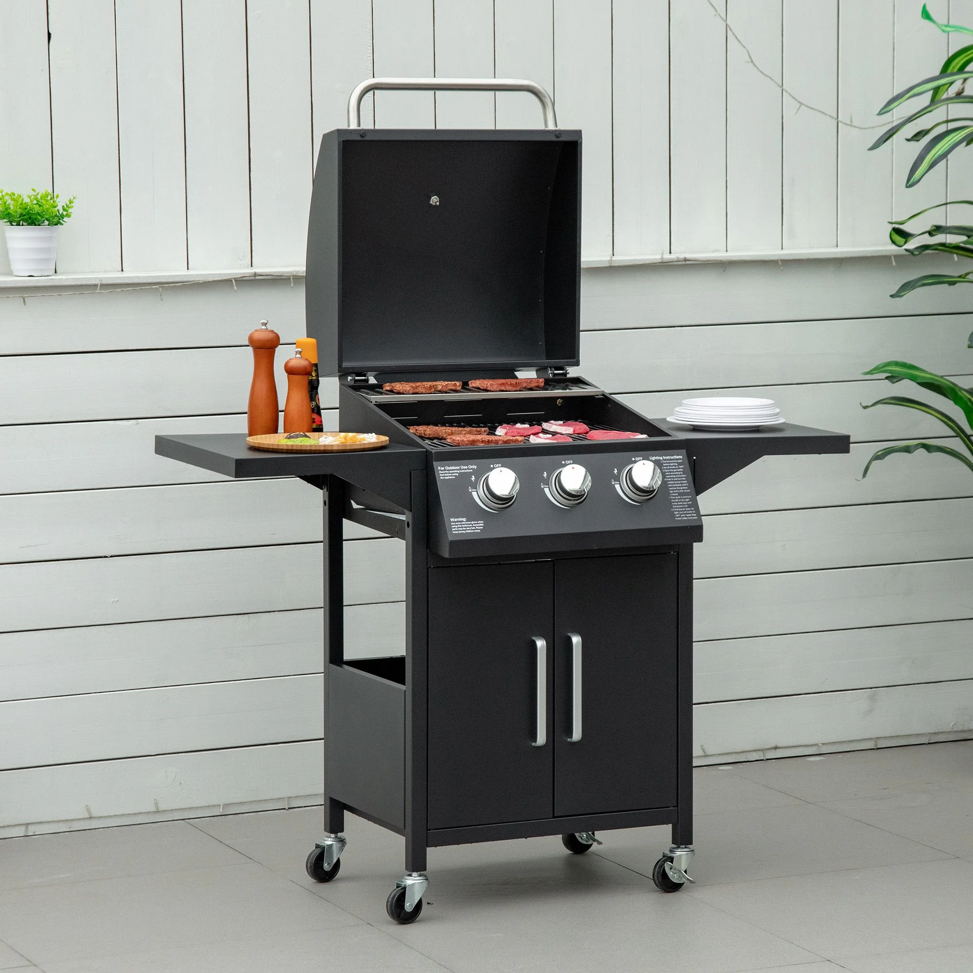 3-Burner Portable Gas Grill with Wheels, Warming Rack, Shelves, Cabinet & Thermometer, Black - Image 4