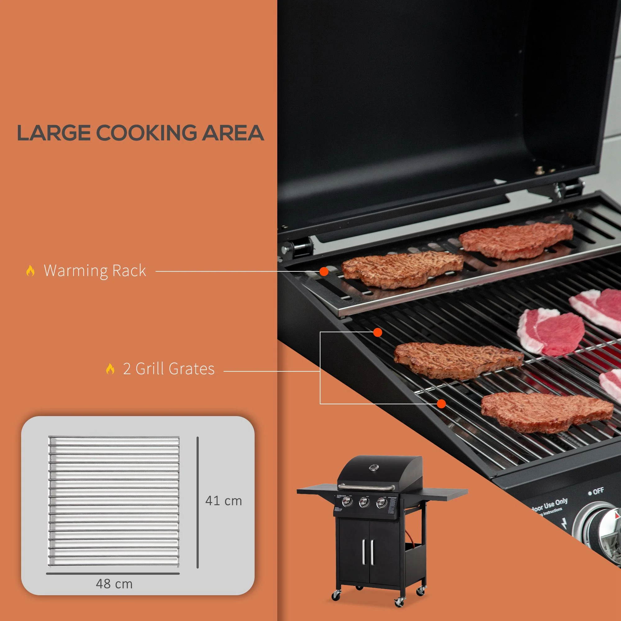 3-Burner Portable Gas Grill with Wheels, Warming Rack, Shelves, Cabinet & Thermometer, Black - Image 6