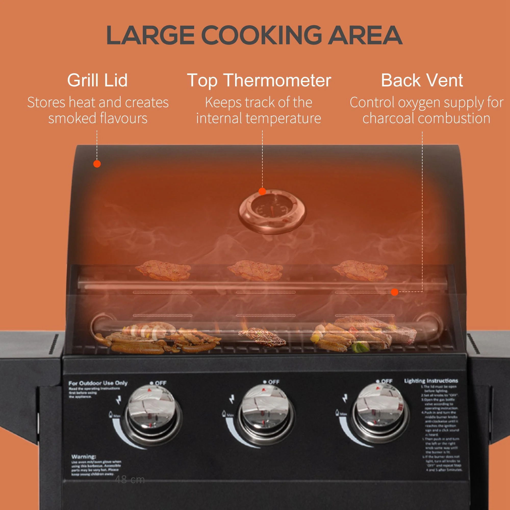 3-Burner Portable Gas Grill with Wheels, Warming Rack, Shelves, Cabinet & Thermometer, Black - Image 7