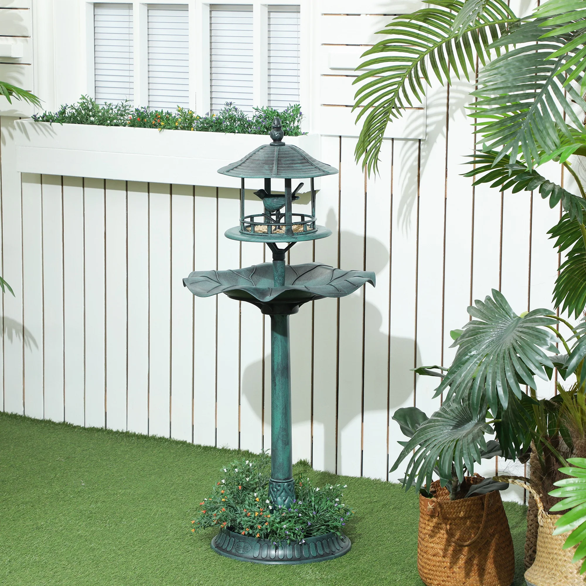 3-in-1 Garden Bird Bath Pedestal, Large Water Basin, Underneath Flower Planter, Green - Image 3