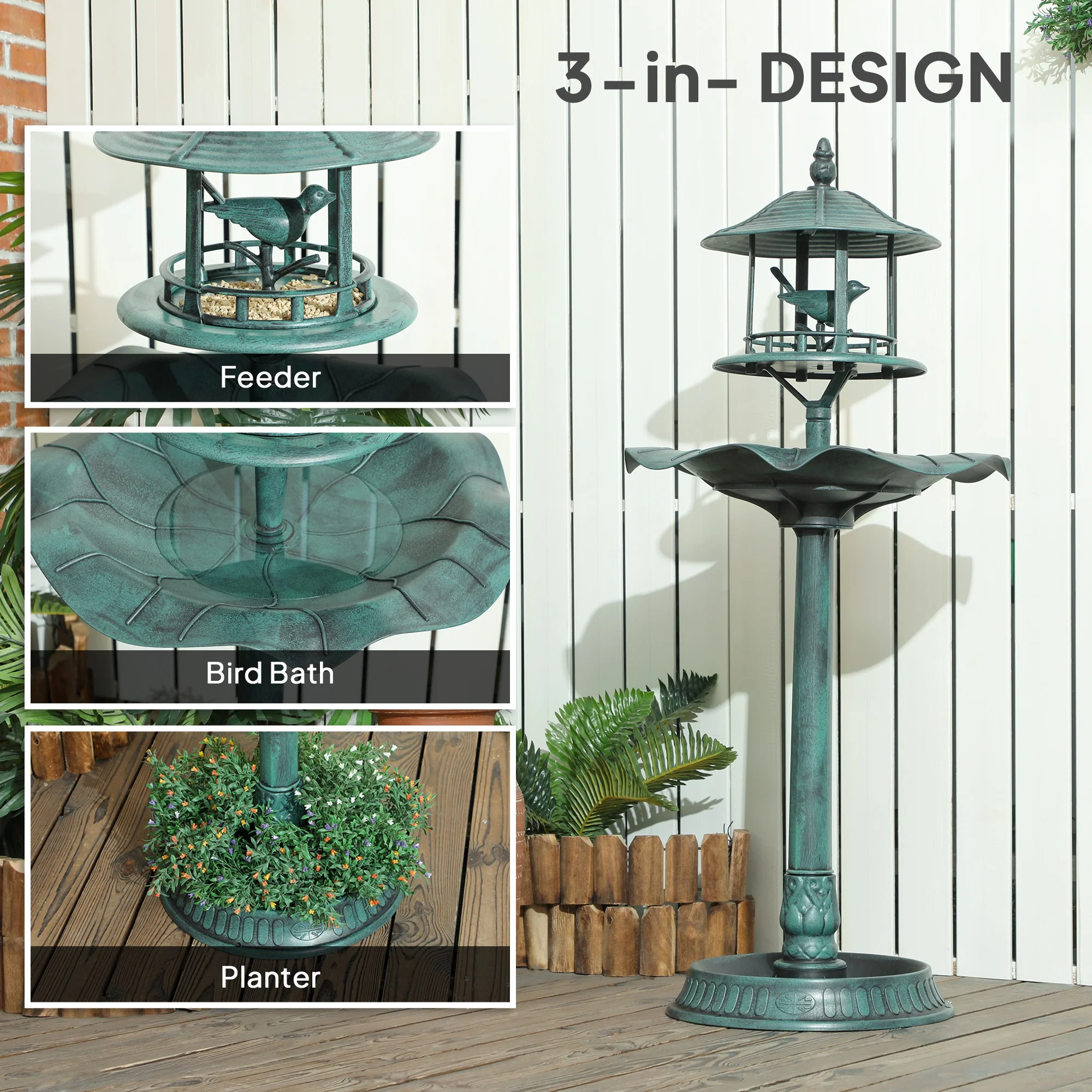 3-in-1 Garden Bird Bath Pedestal, Large Water Basin, Underneath Flower Planter, Green - Image 6