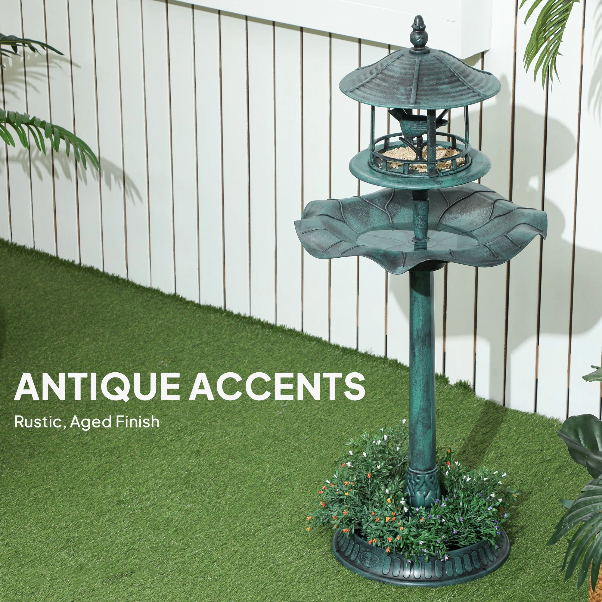 3-in-1 Garden Bird Bath Pedestal, Large Water Basin, Underneath Flower Planter, Green - Image 9